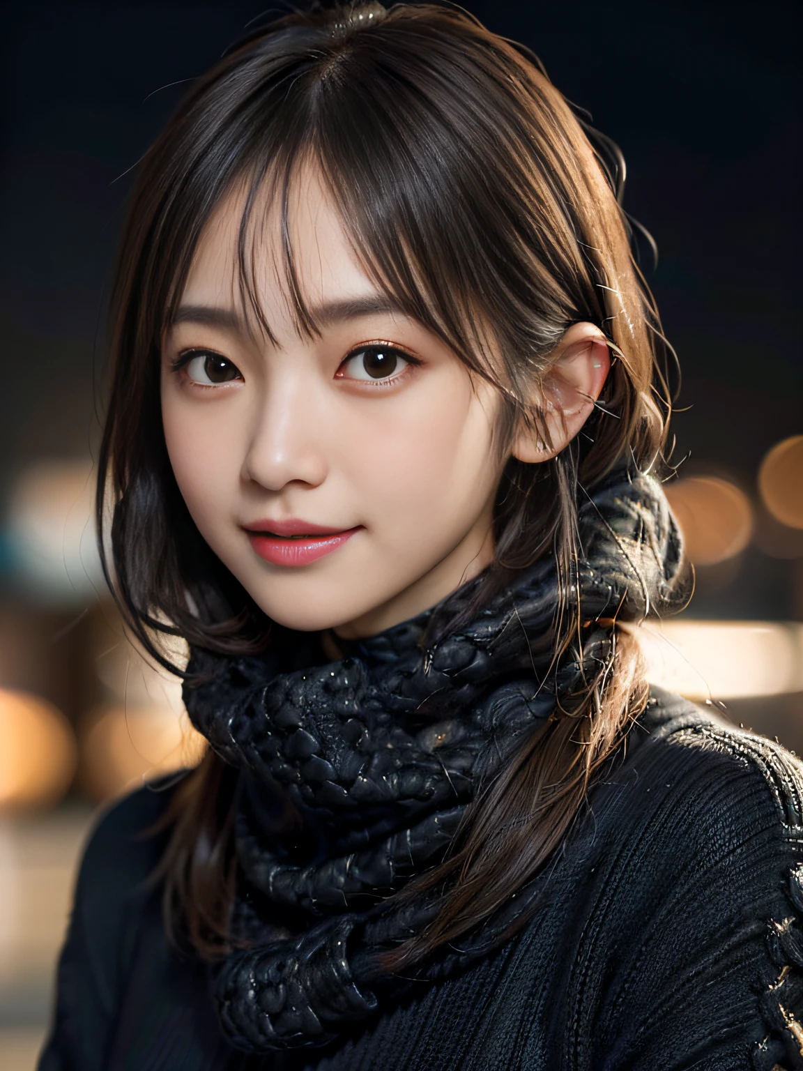 1 japanese girl,(Black sweater:1.4),(She wears a knitted snood around her neck to hide her chin...:1.5), (Raw photo, Best Quality), (Realistic, Photorealsitic:1.4), Shorthair, masutepiece, extremely delicate and beautiful, Extremely detailed, 8k wallpaper, amazing, finely detail, extremely detailed CG Unity, hight resolution, Soft light, beautiful detail, age19, extremely detailed eye and face, beautiful detailed nose, Beautiful detailed eyes,Cinematic lighting,city light at night,Perfect Anatomy,Slender body,Smiling  (hair messy, asymmetrical bangs, light brown hair,)