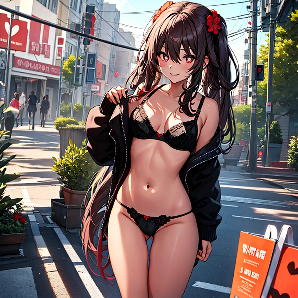 the street,one-girl,ssmile,flower shaped pupils,Heart-shaped bra and panties exposed,Panties are tight,spread your legs,hand out panties,Surrounded by a lot of people,spanking