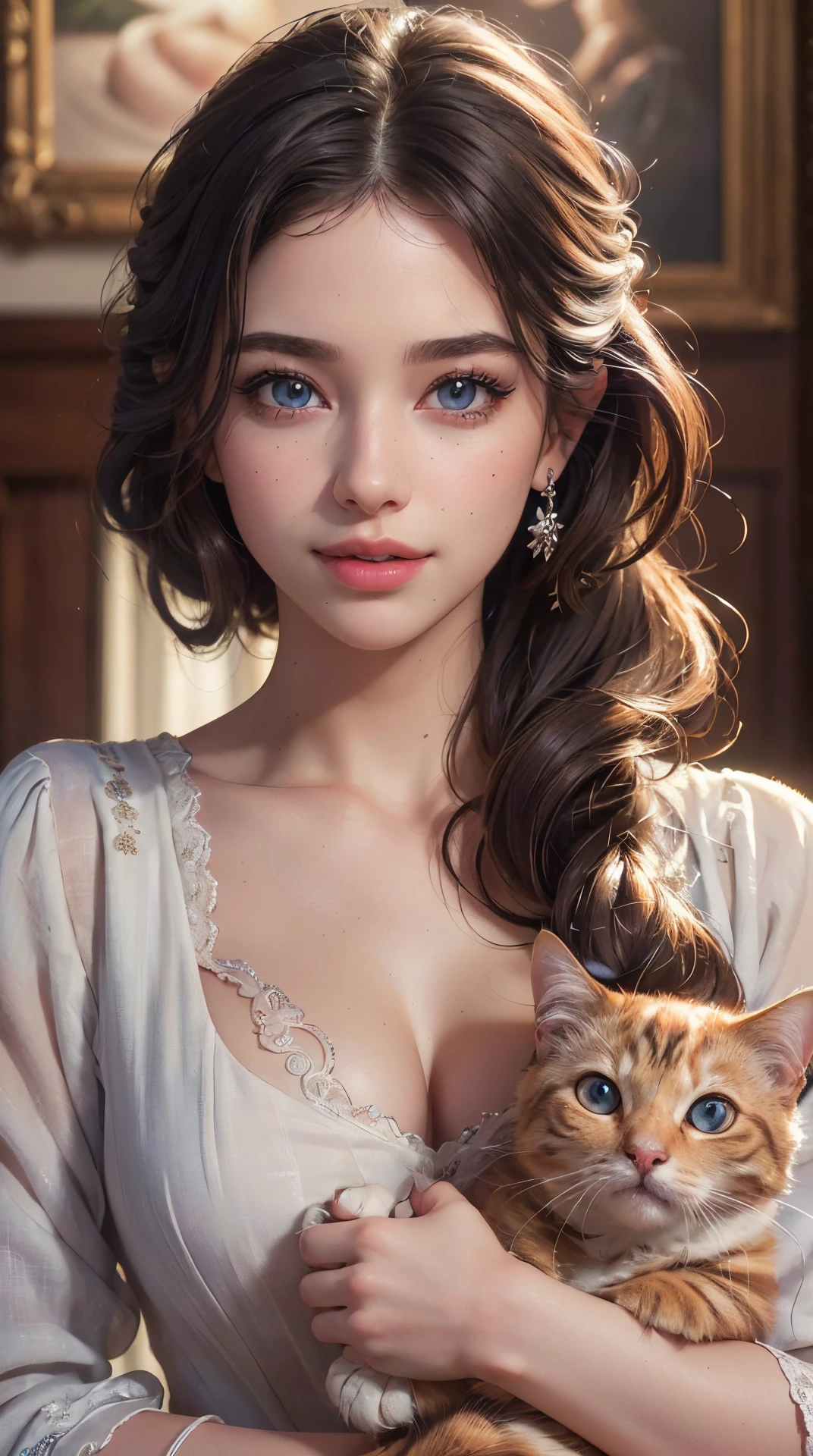 (best quality,4k,8k,highres,masterpiece:1.2), ultra-detailed, (realistic,photorealistic,photo-realistic:1.37),(beautiful detailed eyes, beautiful detailed lips, extremely detailed eyes and face, long eyelashes),studio lighting,physically-based rendering,vivid colors,(Woman holding a cat),(Kind smile),