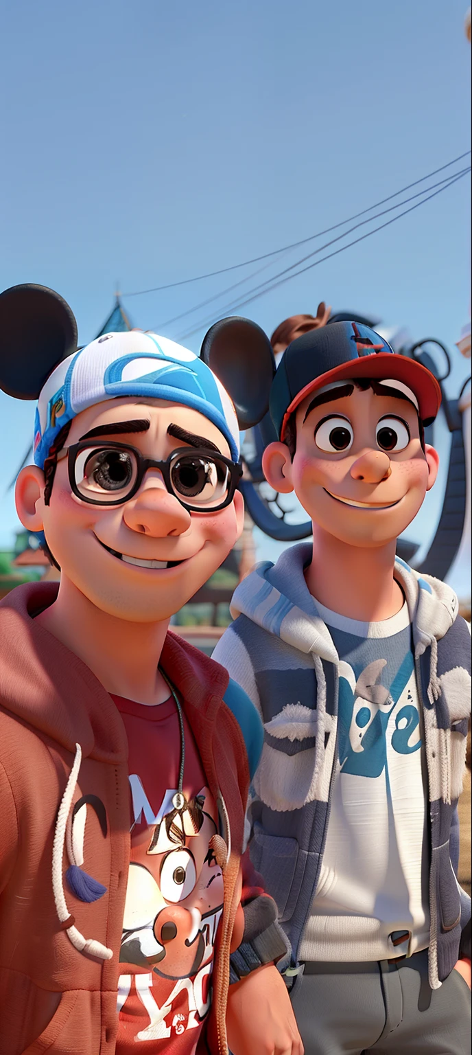 Estilo Pixar, alta calidad,  yo con mi hijo, con gorros de mickey y de Goofi