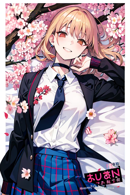 masterpiece、top-quality、full body Esbian、Female one、bangss、Black Choker、Black tie、a blond、a blue skirt、red blush、A bracelet、breastsout、a choker、Clothing around the waist、鎖骨、shirt with collar、cowboy shot、dress shirts、ear piercings、Eyebrows visible through the hair、gradation hair、Grinning、gals、Pedras preciosas、Kogal、long、Viewer's Perspective、Loose tie、neck tie、piercings、Plaid、plaid skirts、pleatedskirt、Akame、gyuru、student clothes、The shirt、skirt by the、A smile、独奏、White shirt、Street、天空、cherry trees、flower petals、illustratio、(magazine:1.3)、(Cover style:1.3)、Fashionable、femele、sano、garments、the pose、frontage、colourfull、Dynamic、Background with、element、Be confident、expresive、hold ing、statement、accessorized、yudai、coiled、surroundings、Touch、The scene、Texto、covers、boldness、captures the attention、Titles、Stylish、Font、Catchy、headline、The large、Impression、moderno、Trendy、Concentration、lo fashion、Lying in bed