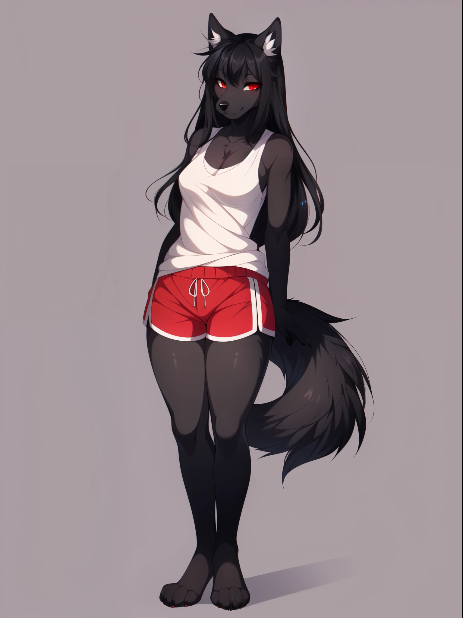 Solo, dark grey wolf, red eyes, black ears, ear fluff, snout, black nose, long black hair, a single black wolf tail, straight bangs, tall, slender, medium breasts, thick thighs, barefoot, 4 toes, wearing white tank top, red shorts, by fumiko, by hyattlen, by hioshiru, standing, neutral pose
