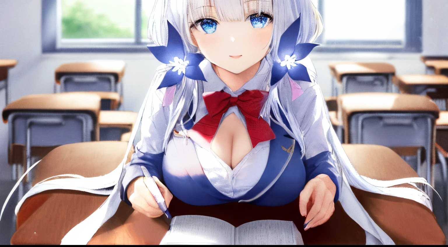 masterpiece, best quality, 1girl, illustrious (maiden lily's radiance) (azur lane), white hair, very long hair, blue eyes, hair ornaments, breasts, cleavage, school uniform, classroom, class desk, sitting, eraser, pencils, book,