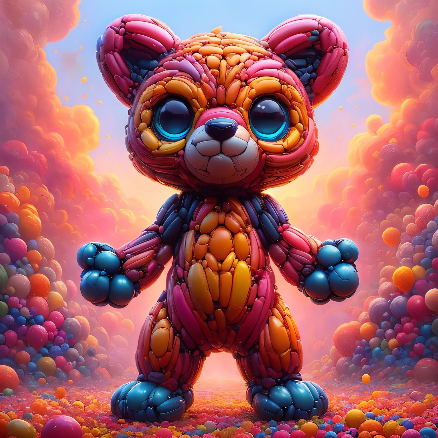 There is a big teddy bear made of balloons in the field, Beeple and Jeremiah Ketner, greg beeple, beeple masterpiece, beeple!!, bee color, Beeple and James Jean, Beeper and Tim Hildebrandt, beeple art, beeple. ultra-realistic realism, Cute and detailed digital art