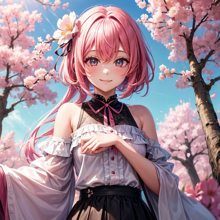 A girl with pink hair, smiling at viewer, standing at blossom flower trees, her eye is black