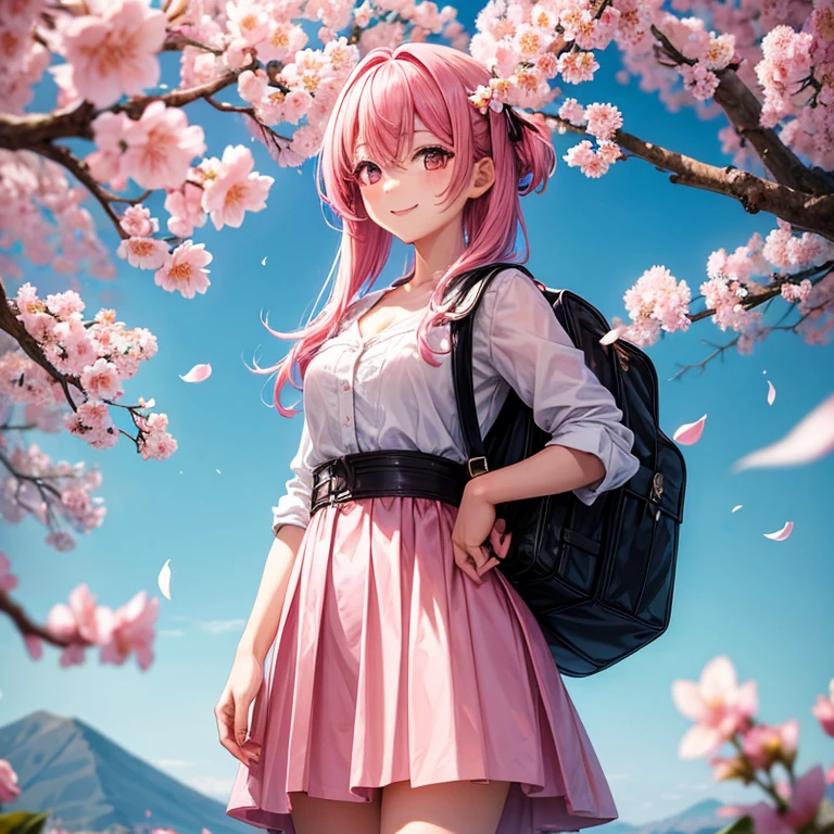 A girl with pink hair, smiling at viewer, standing at blossom flower trees, her eye is black