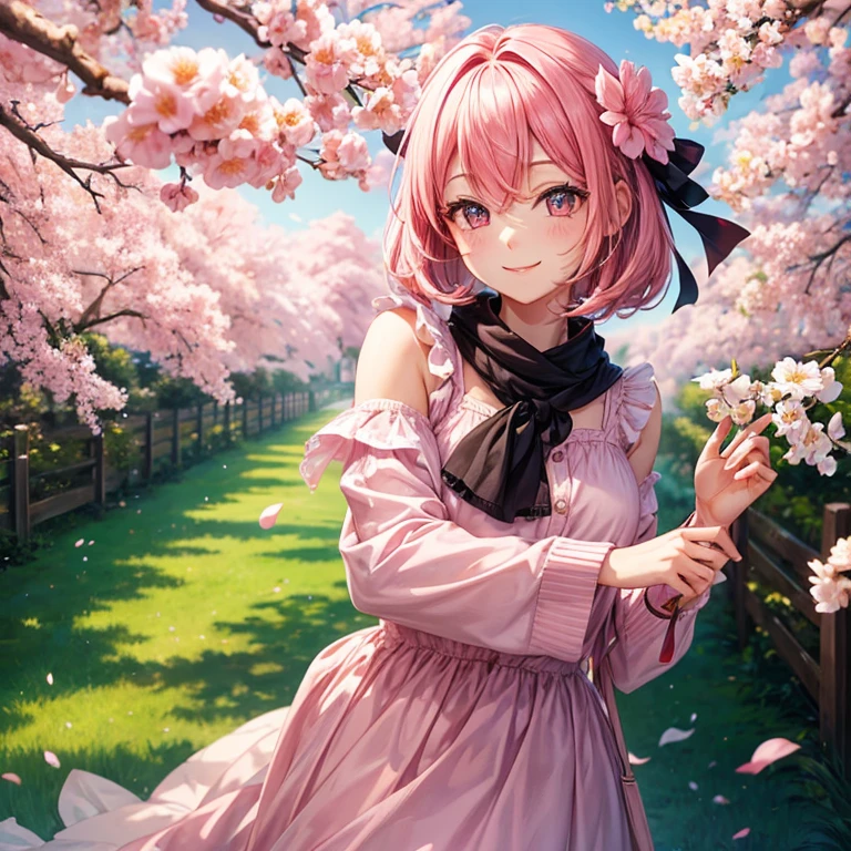 A girl with pink hair, smiling at viewer, standing at blossom flower trees, her eye is black