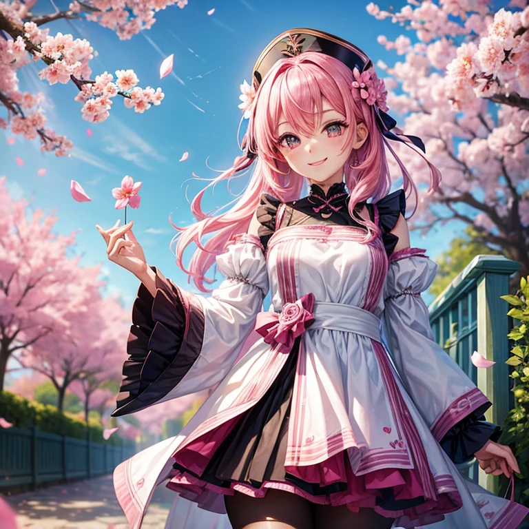 A girl with pink hair, smiling at viewer, standing at blossom flower trees, her eye is black
