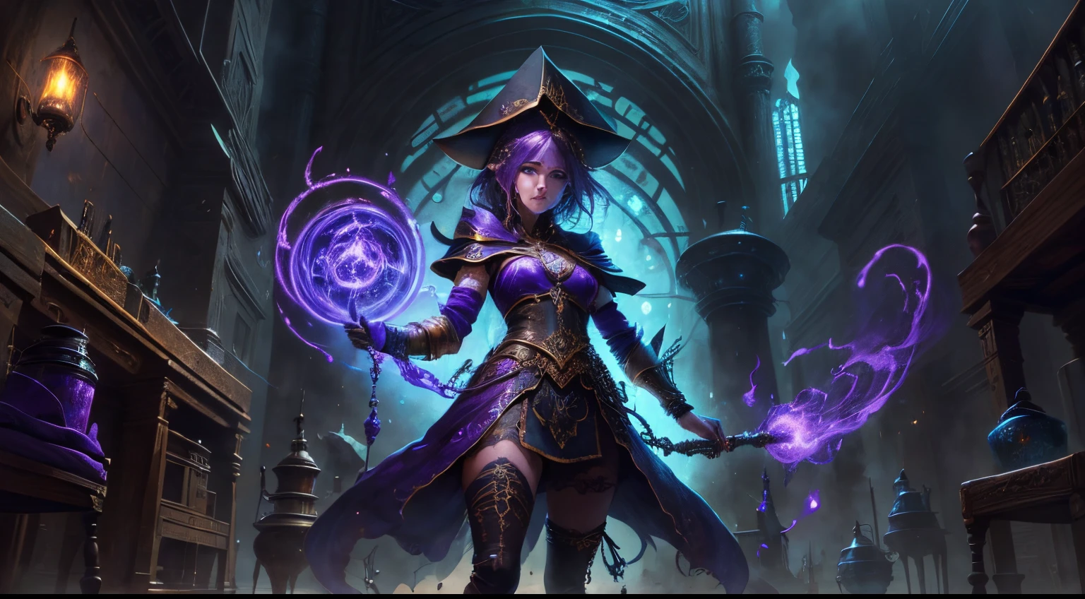 arte de fantasia, arte steampunk, Arte de RPG, fotografia, .RAW, , Melhor Detalhado, Imagem de uma mulher bruxa, standing proudly, Manipulating the Magic Blue Fire, mulher extremamente bonita (Melhor Detalhado, master part, hiper-realista: 1.5) cabelos loiros, cabelos ricos, cabelos ondulados, dynamic eye color, vestindo vestido preto e branco, Usando (Capa branca: 1.2), Usando (knee tights: 1.2), usando botas de salto alto, lace-up boots, compor, steampunk laboratory background, ultra melhor realista, melhores detalhes, melhor qualidade, 16k, [ultra detalhado], master part, melhor qualidade, (extremamente detalhado), tiro ultra largo, fotorrealismo, profundidade de campo, pintura hiper realista, Runas brilhantes_Purple, fogo azul