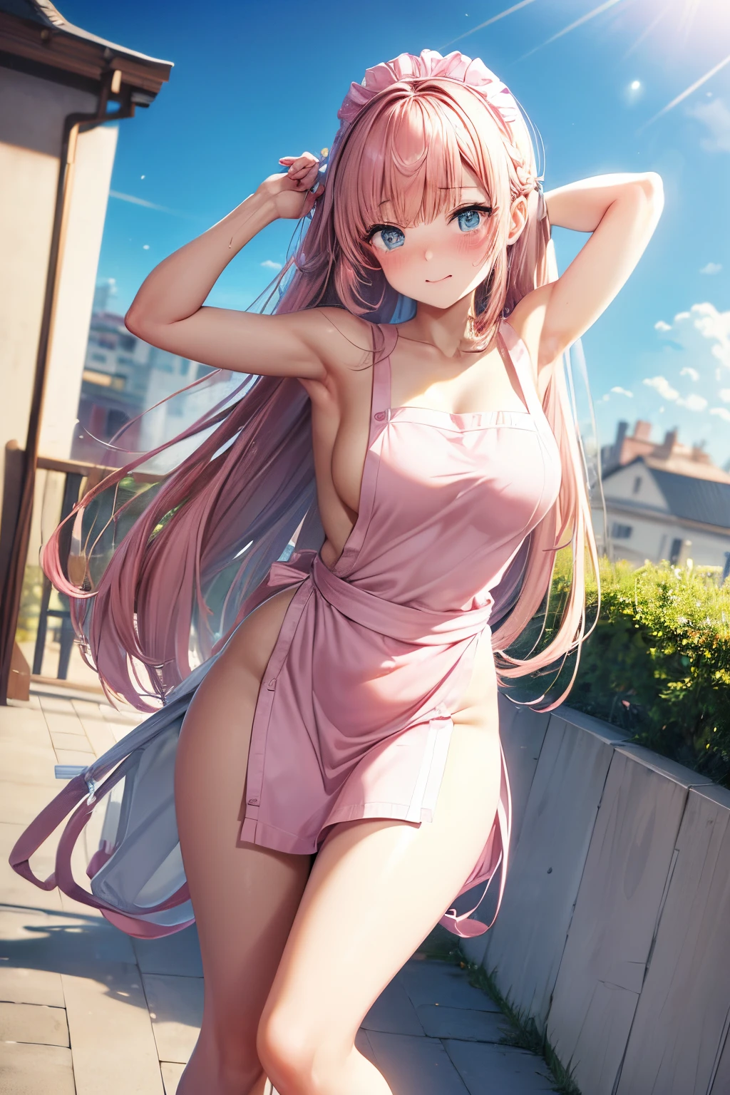 (8K, masterpiece, Best Quality, ultra-detailliert, Professional Lighting, perfect anatomy, anime colored), dynamic angle, 24yo beautiful 1woman, Japanese, large breasts, (completely nude:1.5), (pink naked apron:1.5), bare head, bare arms, bare legs, curvy, pale skin, gleaming skin, (outstretched arms, arms up), (hang out one's laundry:1.4), (clothes hanger), (Hands on laundry:1.5), brown hair, long hair, sidelock, (single braid:1.3), straight hair, (embarrassed:1.5), blue eyes, tareme, (upturned eyes), (in home balcony:1.2), outdoor, stand, looking to the side, sunlight, blue sky, (fence, 2nd floor), house background, (hang out one's laundry:1.4), (clothes hanger)
