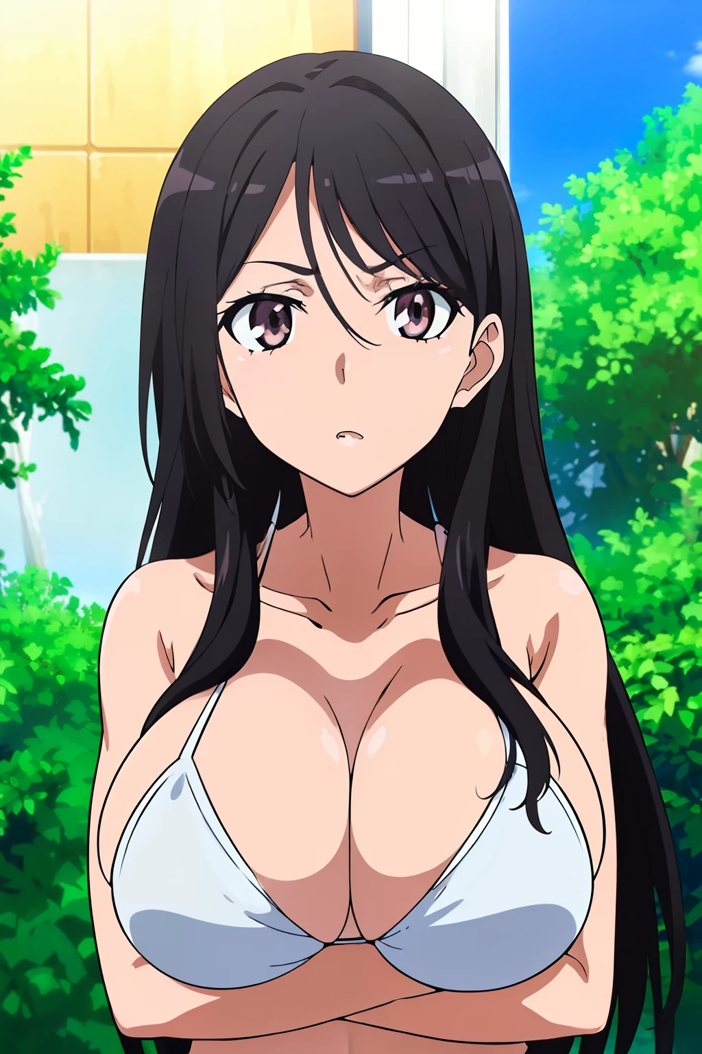 ((masutepiece, Best Quality, High resolution, anime screen cap, anime colours, in 8K, anime keyvisual)):1.5, fukiyose, 1girl in, Cute, blush, (Long Black Hair:1.5), 14years, (Oversized large sagging breasts:1.5), cleavage, ((White Micro Bikini:1.5, Thin fabric)), Navel Ejection, (Squeeze your arms:1.5), Arms Down, Upper body, beach side, ((Perfect Anatomy, beautifull detailed face, Beautiful detailed eyes, beautiful detailed hair, Beautiful detailed body)), thick outline, Beautiful outlines, black outlines