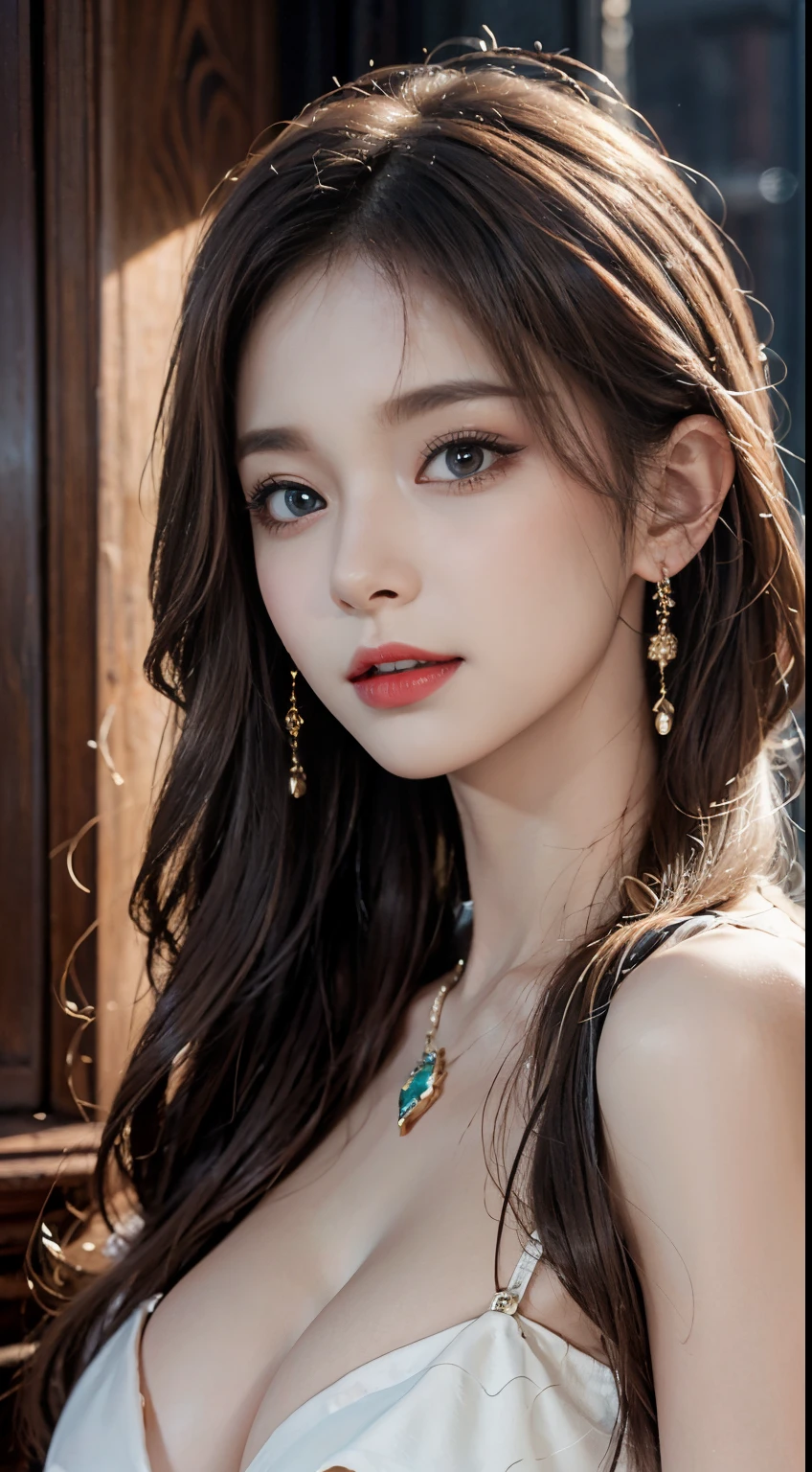 (A half body:1.2),(8k,RAW photogr:1.2),(Ultra photo realsisim,photograph realistic:1.2),(Super Supreme Extreme Quality Beauty:1.2),(Ultra ultra-realistic skin texture:1.2),femme fetal,(1girll,独奏:1.0),(Beautiful quality big eyes:1.1),(dynamicposes:1.1),(Supreme Beauty Girl Mix:1.2),(Kpop idol:1.2),(Angular face:1.2),(Supreme beauty quality big eyes:1.2), (age uncensored:1.2),(Erotic necklaces:1.2),(Large breasts+slimification:1.1),depth of fields,(cinmatic lighting,cinematic shadow,Realistic lighting,realistic shaded:1.2),Smart Sharp,hard focus,A high resolution,hyper HD,Complete the eyes,Finished face,upscales,Pubic area is clear,Presence,(Volume sense:1.2),A half body