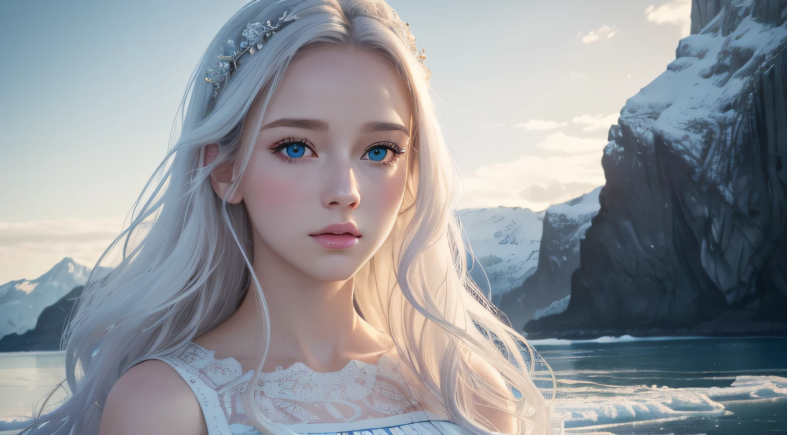 (best quality,4K,8K,hight resolution,Meisterwerk:1.2),Ultra-detailliert,(realistisch,fotorealistisch,fotorealistisch:1.37),Long white, wildes, welliges Haar,hellblaues Kleid,white eyes,Kalter Blick,kleine Lippen,kleine Nase,pale white skin,vereiste Landschaft