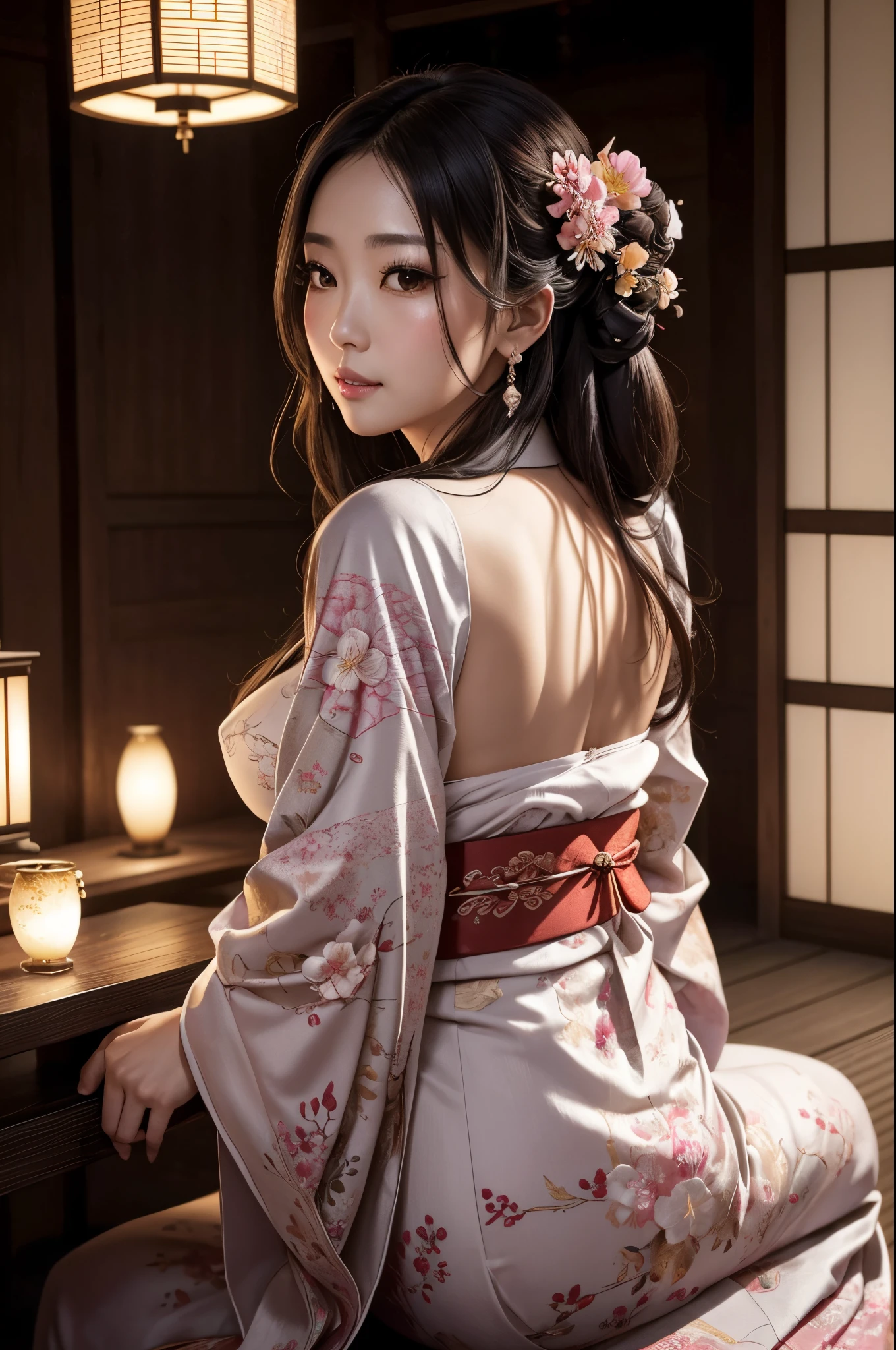 8K,40 year old mature empress(​masterpiece、top-quality:1.3)、hight resolution、cowboy  shot、(ultra-detailliert)、Highly detailed portrait of the beautiful empress、Super beauty(Like the real thing)length hair、sitting on、fetal_position、[erect through]、Curvaceous、(1 milf)、((s lips))、(nase)、((Long face))、Mature、Flower tree、魅惑的、elegent、stylish、a sultry、A sexy、a smile、Look at viewers、(komono)、florals、soft makeup、textured、patterns、film like、Dynamic posture、wide Shots、 Dramatic Lighting:1.1、(gradients)、naturey、(face perfect)、outlines、foco nítido、warmth、light particules、(depth of fields)、(intricate-detail:1.2)、(highly detailed back ground)、East Asian Architecture,The charm of adults wearing kimono,florals魁(Flashy kimono)facing front,A sexy,A MILF,frontage,Mature(40 years)
