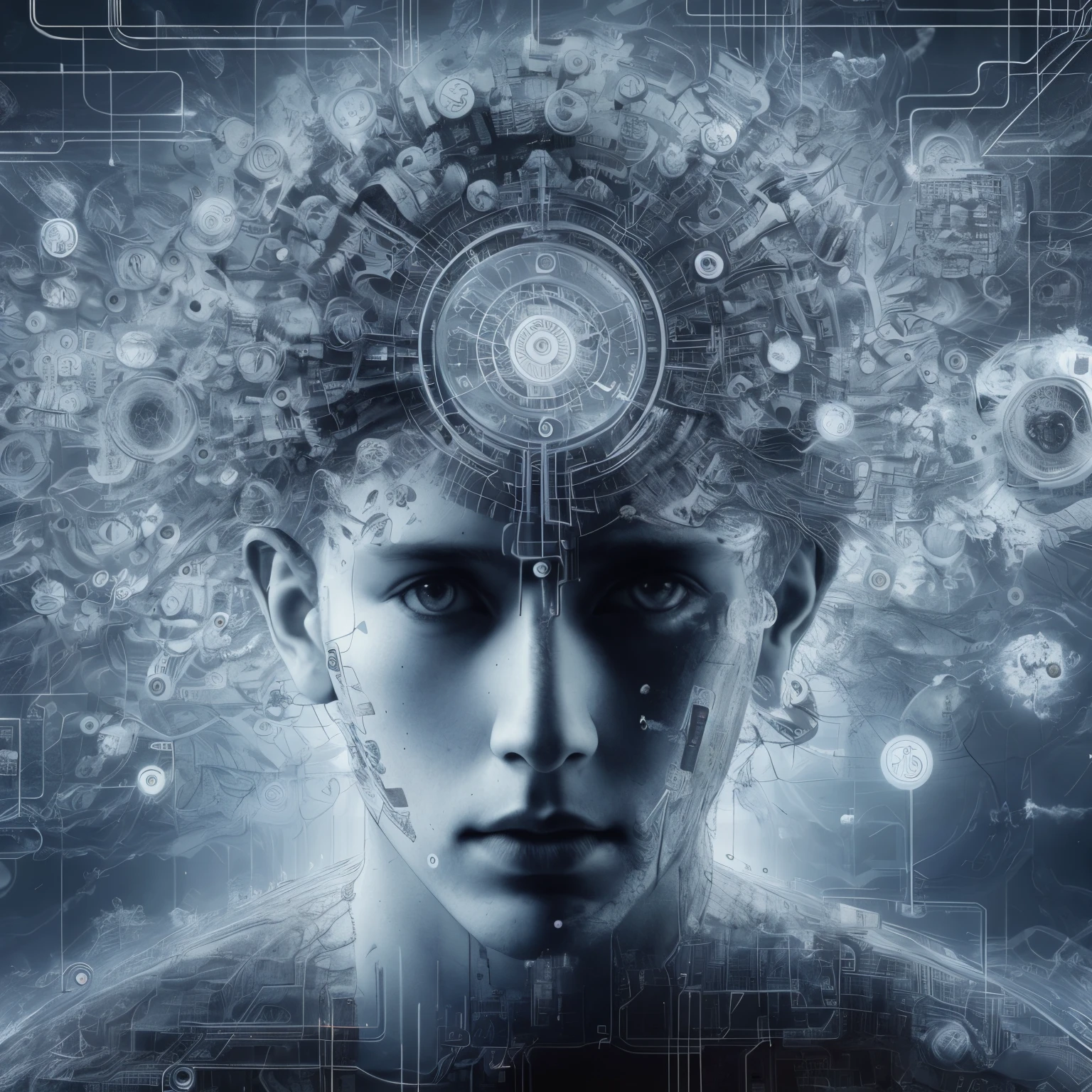 Ara, a man with a brain map in his head々Images, Artificial awareness, Transhumanism, consciousness projection, intricate transhuman, God of Artificial Intelligence, circuitry visible in head, Distributed consciousness, matte painting of human mind, Increased awareness, Rise of consciousness, the encrypted metaverse, detailed portrait of a cyborg, The Coming AI Singularity