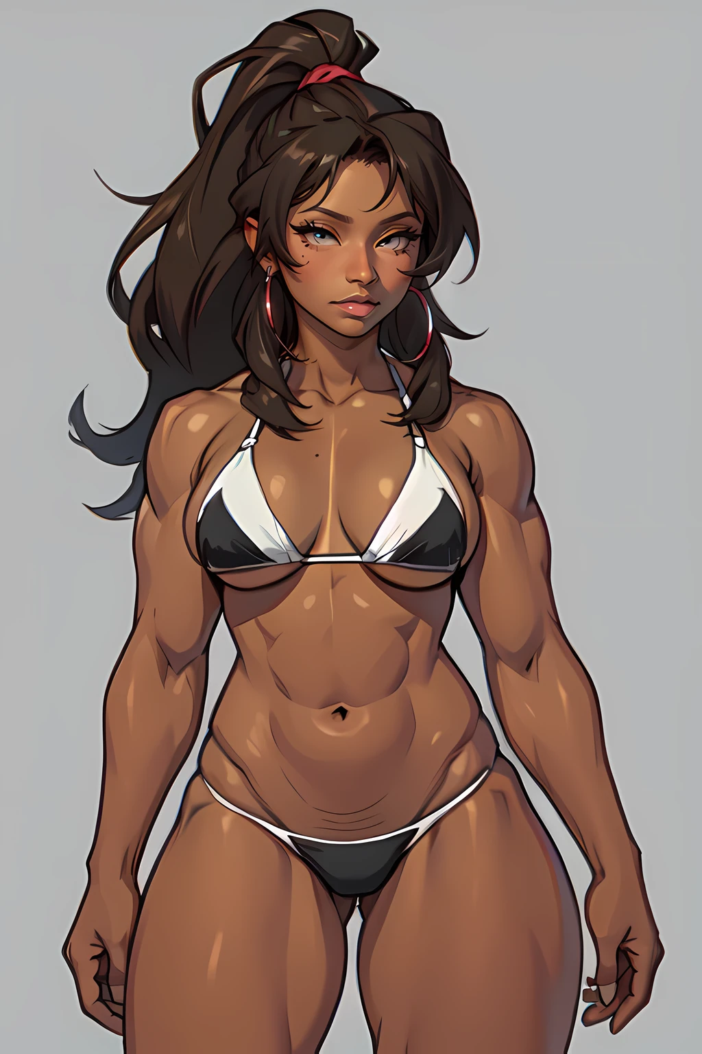 girl 1girl dark skin muscular toned body  thick thighs wide  long hair brown eyes grey background athletic string 