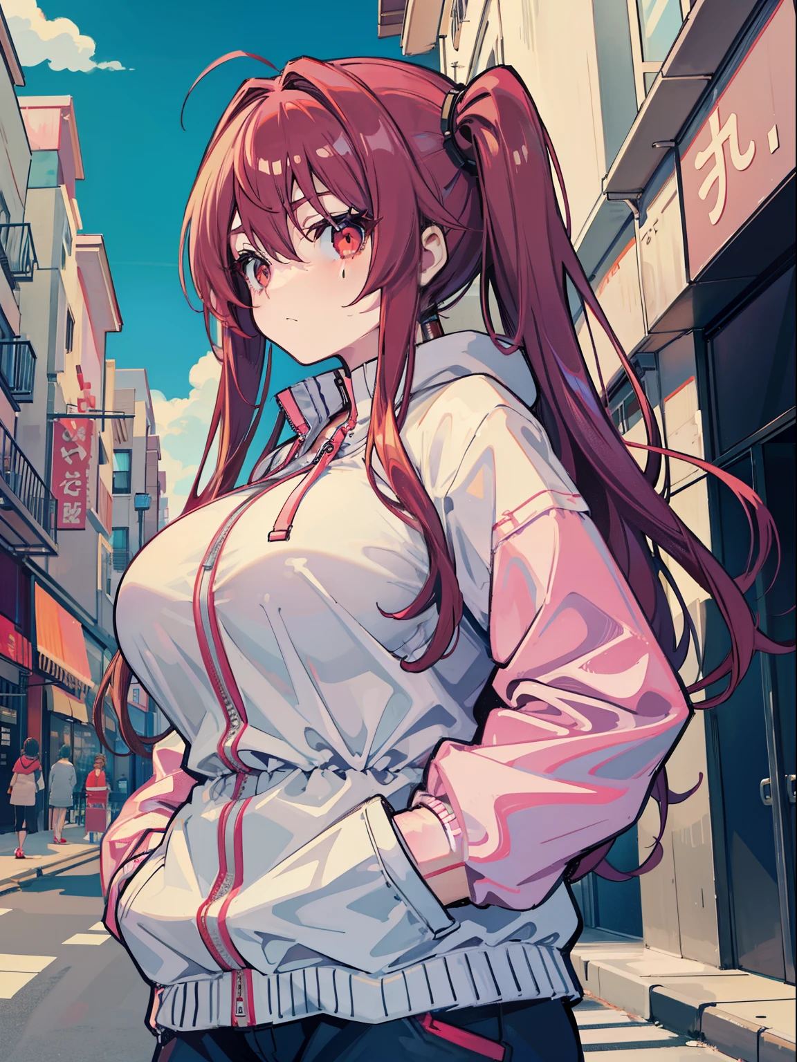 Anime Big breasts,1个Giant Breast Girl,whaite hair, red - eyed, Shy little breasted lolita in windbreaker,With a shopping street as a backdrop,Put your hands in your pockets