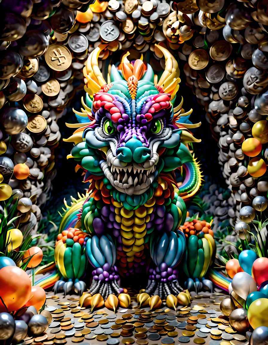 (solo:1.3), (symmetrical:1.3), baloonz, angry dragon king made out of baloons (((looking at the viewer))), (((inside a cave full of coins))), (rainbow behind the head), skulls, More Detail