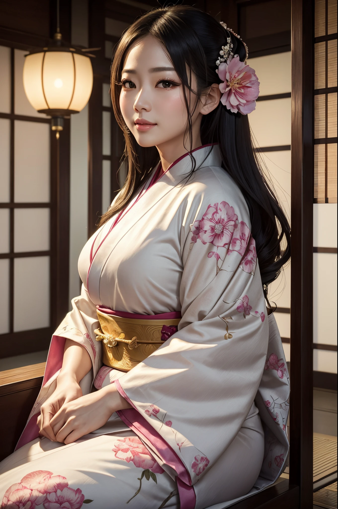 8K,Mature empress sitting in front(​masterpiece、top-quality:1.3)、hight resolution、cowboy  shot、(ultra-detailliert)、Highly detailed portrait of the beautiful empress、Super beauty(Like the real thing)length hair、sitting on、fetal_position、[ through]、Curvaceous、(1 milf)、((s lips))、(nase)、((Long face))、Mature、Flower tree、魅惑的、elegent、stylish、a sultry、A sexy、a smile、Look at viewers、(komono)、florals、soft makeup、textured、patterns、film like、Dynamic posture、wide Shots、 Dramatic Lighting:1.1、(gradients)、naturey、(face perfect)、outlines、foco nítido、warmth、light particules、(depth of fields)、(intricate-detail:1.2)、(highly detailed back ground)、East Asian Architecture,The charm of adults wearing kimono,florals魁(Flashy kimono)facing front,A sexy,A MILF,frontage,Mature(40 years)