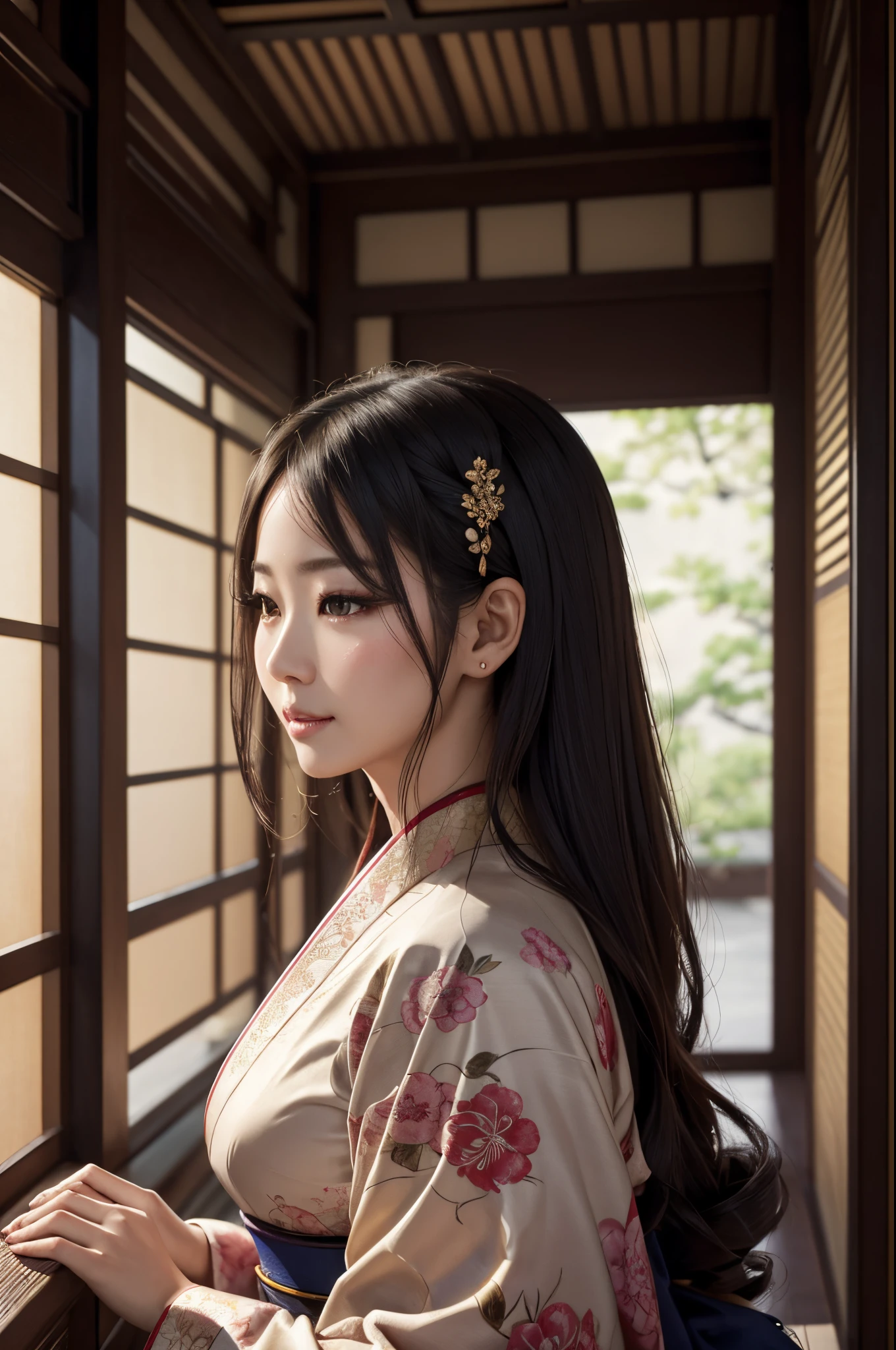 8K,Mature empress sitting in front(​masterpiece、top-quality:1.3)、hight resolution、cowboy  shot、(ultra-detailliert)、Highly detailed portrait of the beautiful empress、Super beauty(Like the real thing)length hair、sitting on、fetal_position、[ through]、Curvaceous、(1 milf)、((s lips))、(nase)、((Long face))、Mature、Flower tree、魅惑的、elegent、stylish、a sultry、A sexy、a smile、Look at viewers、(komono)、florals、soft makeup、textured、patterns、film like、Dynamic posture、wide Shots、 Dramatic Lighting:1.1、(gradients)、naturey、(face perfect)、outlines、foco nítido、warmth、light particules、(depth of fields)、(intricate-detail:1.2)、(highly detailed back ground)、East Asian Architecture,The charm of adults wearing kimono,florals魁(Flashy kimono)facing front,A sexy,A MILF,frontage,Mature(40 years)
