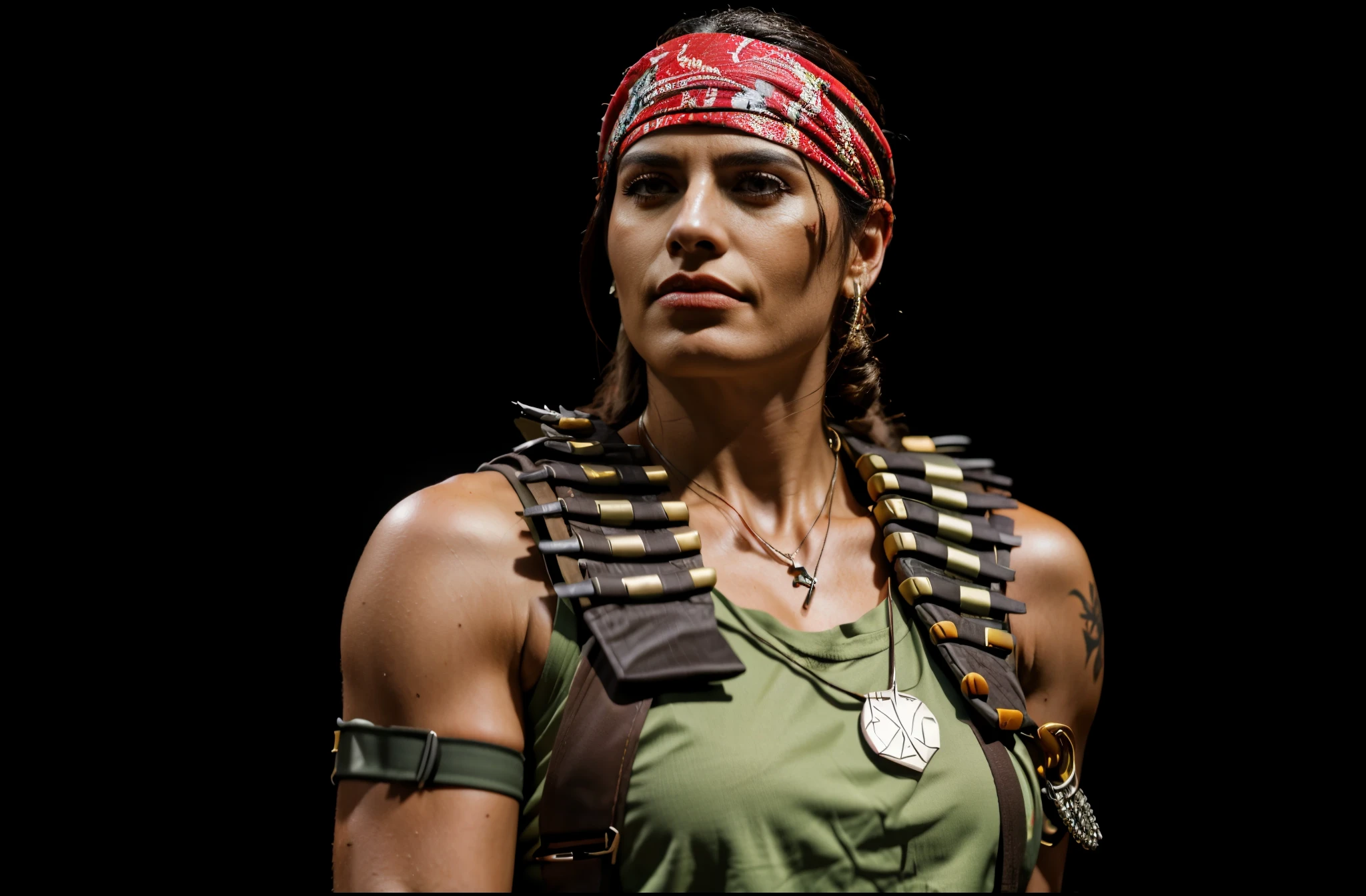a close up of a person with a red bandana and a necklace, loba andrade from apex legends, as a character in tekken, female character, female lead character, arnold maya render, azctec warrior, north female warrior, latina skin, muscular sweat lara croft, lucio as a woman, realistic maya, skin : tjalf sparnaay