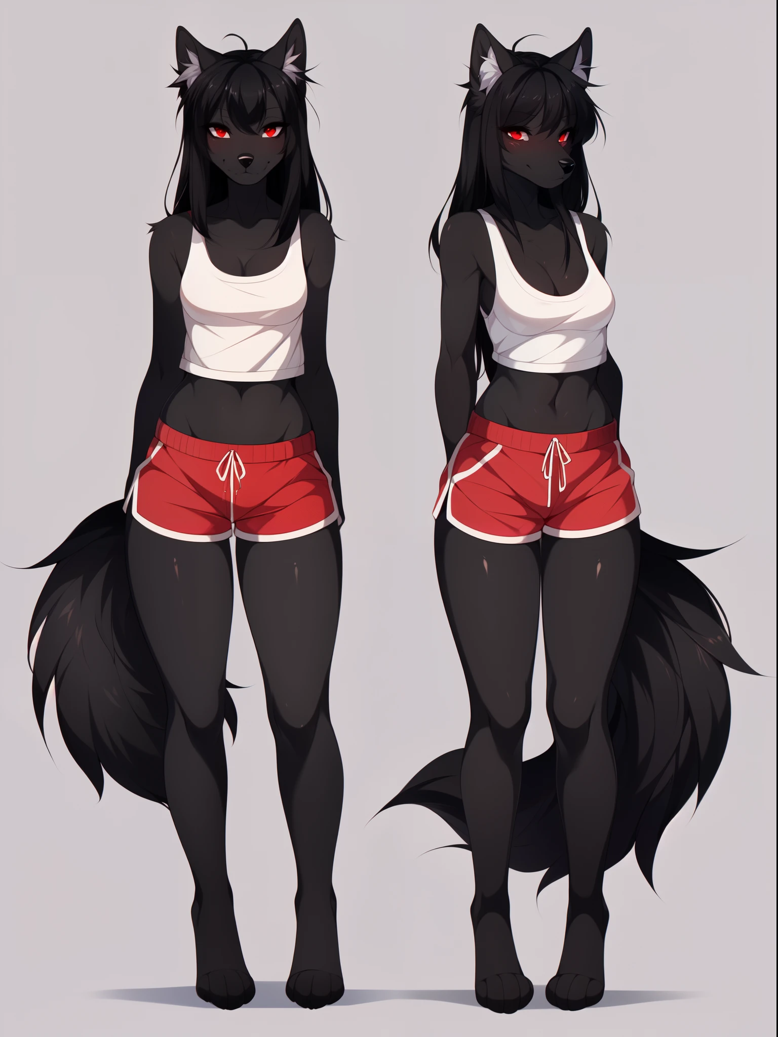 Solo, dark grey wolf, red eyes, black ears, ear fluff, snout, black nose, long black hair, a single black wolf tail, straight bangs, tall, slender, medium breasts, thick thighs, barefoot, 4 toes, wearing white tank top, red shorts, by fumiko, by hyattlen, by hioshiru, standing, neutral pose