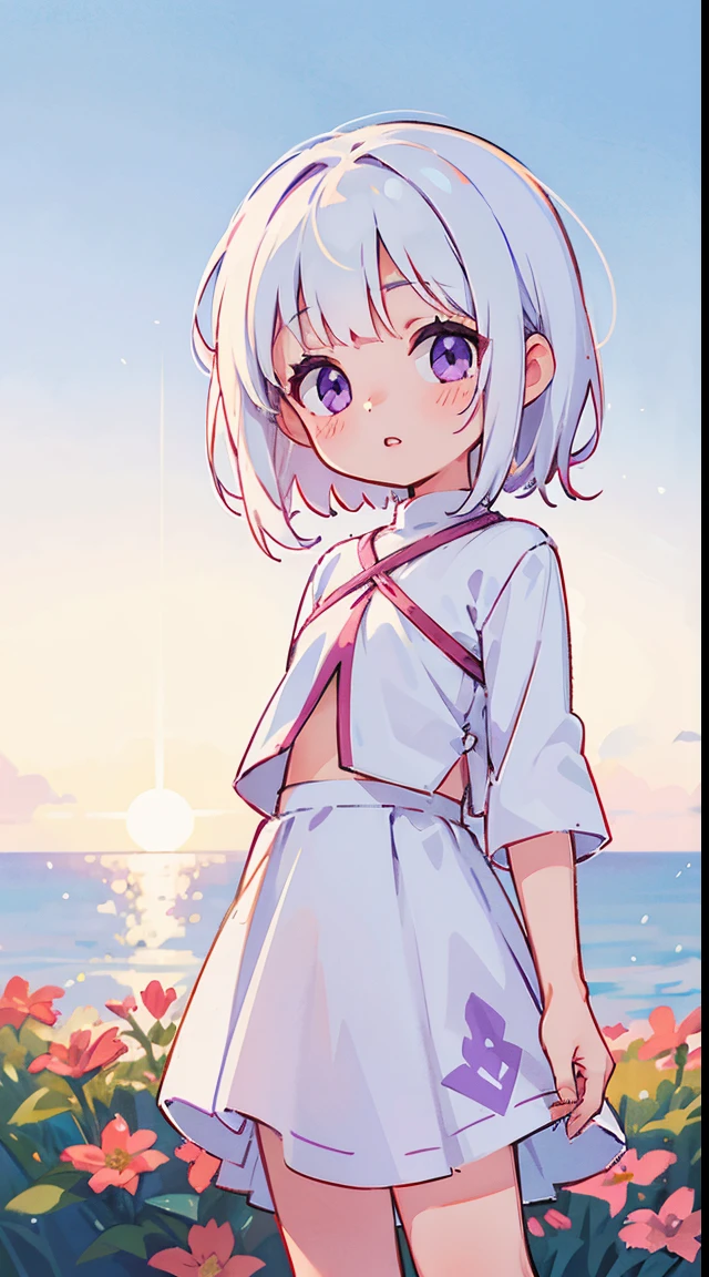 , zero chest, 8 years old, 1girl, white hair, purple eyes, glowing eyes, cropped top, skirt, parted lips, blush, night, flowers, sun, sunlight, white skirt, short skirt, medium length hair, real, warm colors, white short Dress, white clothes, light background color, day environment, bright color background, saudi, ocean, cute,
