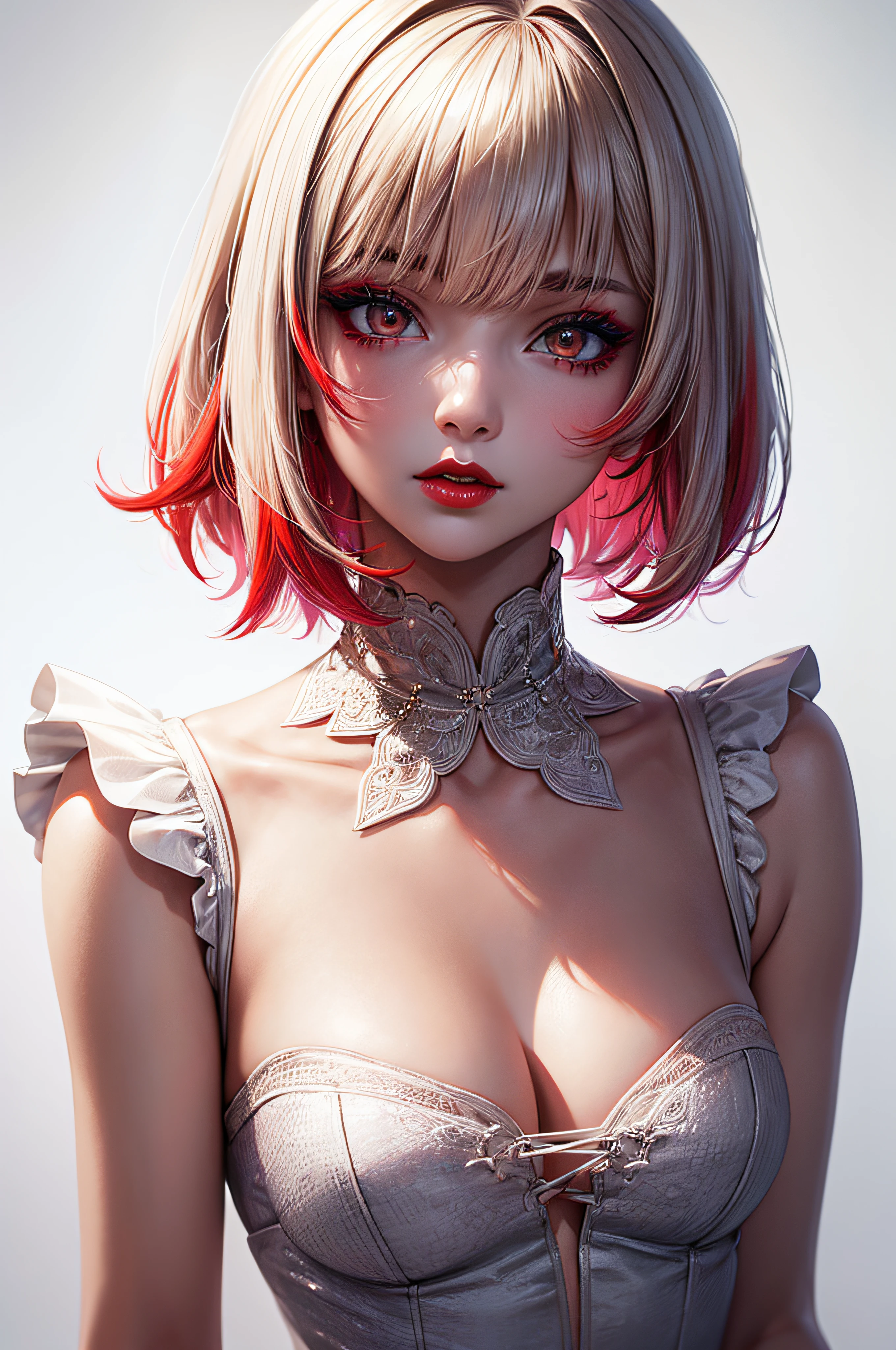 1girl, solo, upper body, looking at viewer, white background, bob cut, short hair, multicolored hair, makeup, parted lips, red lips, eyeliner,
