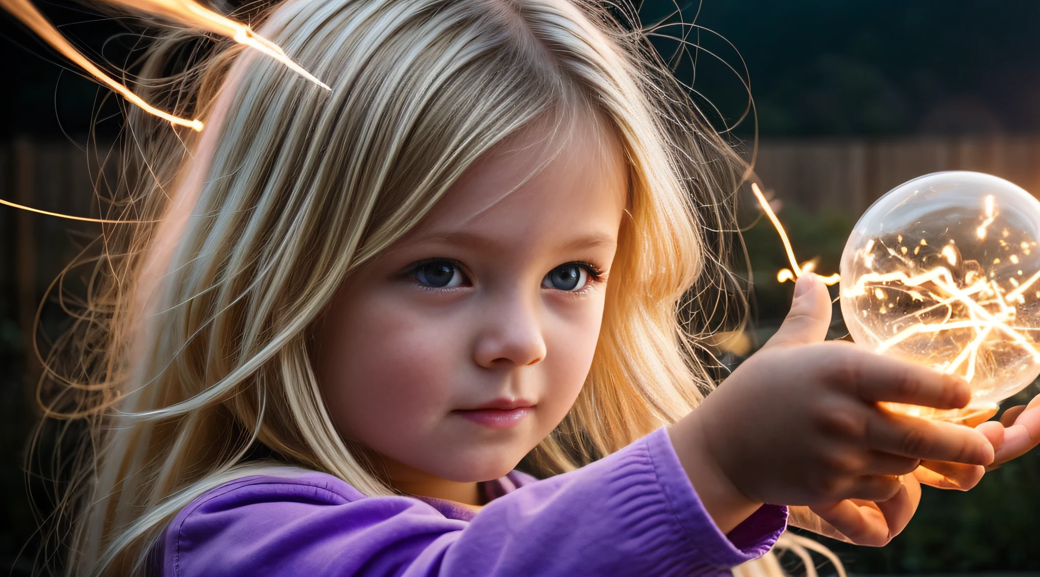 a close-up of a blonde with long hair, BIG BALL OF electrified ICE IN HANDS. FUMO ROXO.
