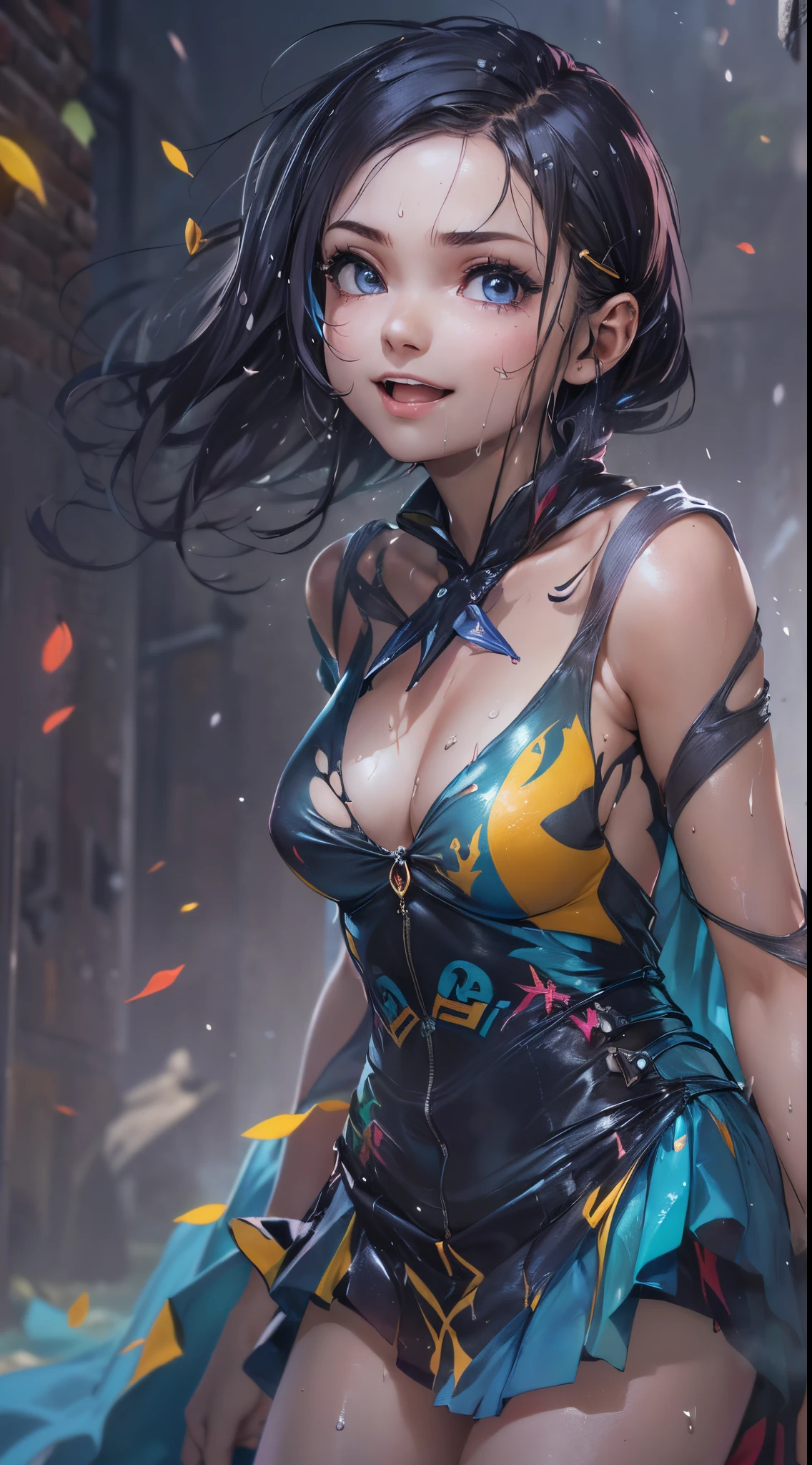 One lady,12year old,(() ,((())), ((colourfull)), (())((I'm opening my mouth)),((micro skirt, bodysuit and short cloak))(A smile),Wet with sweat,(A dark-haired,),((Fantasy,natta))((Clothes are torn))
