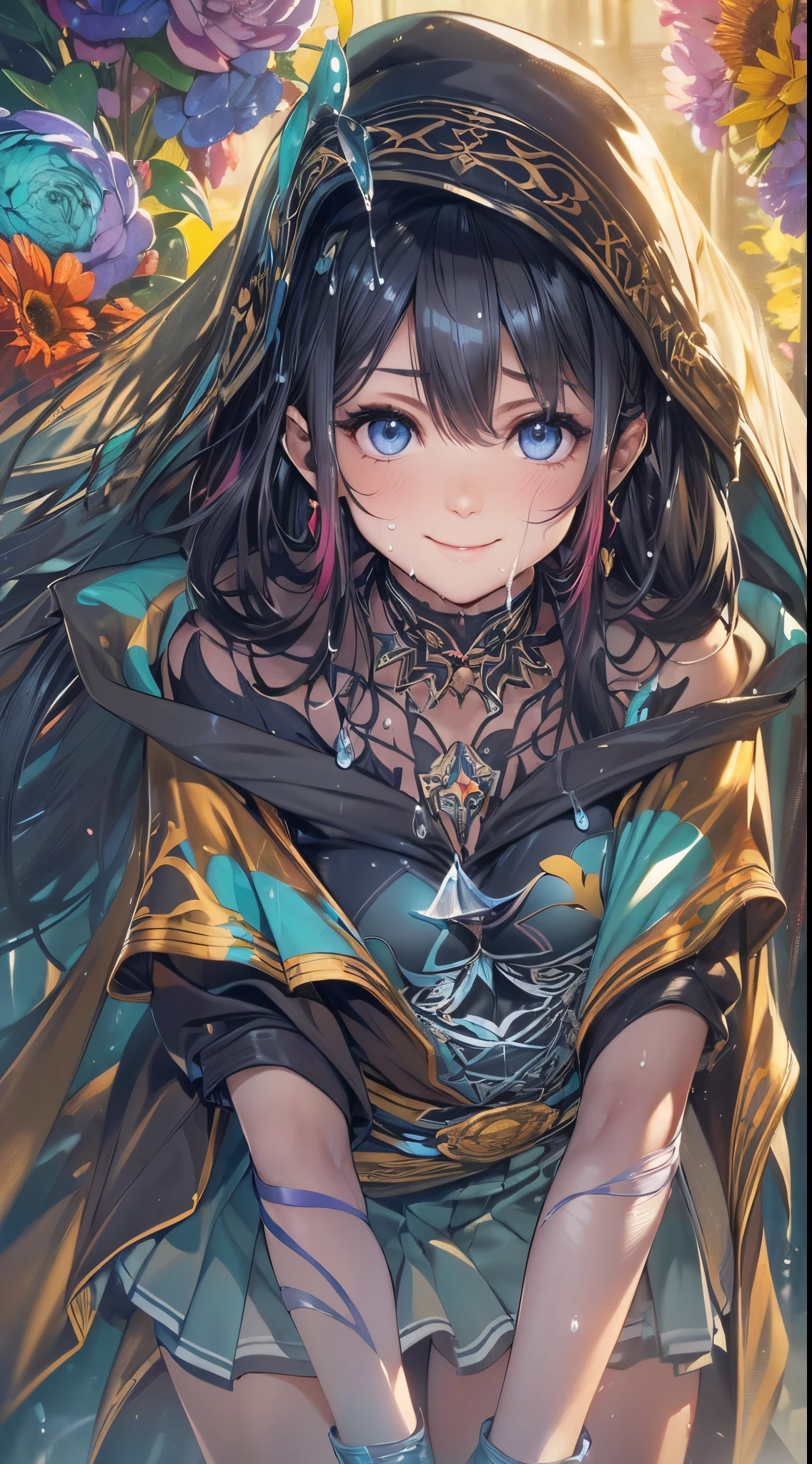 One lady,ar old, ,((())), ((colourfull)), (())((I'm opening my mouth)),((micro skirt, bodysuit and short cloak))(A smile),Wet with sweat,(A dark-haired,),((Fantasy,natta))((Clothes are torn))