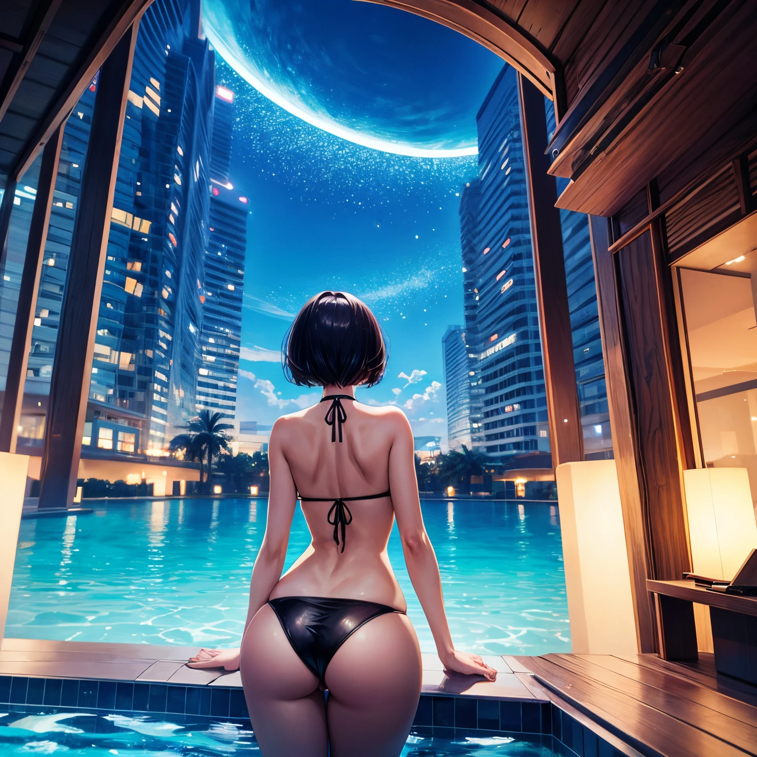 View from behind. Looking away from viewer. Girl with slender figure, round ass, short black hair, high rise bikini , resort pool setting at night.