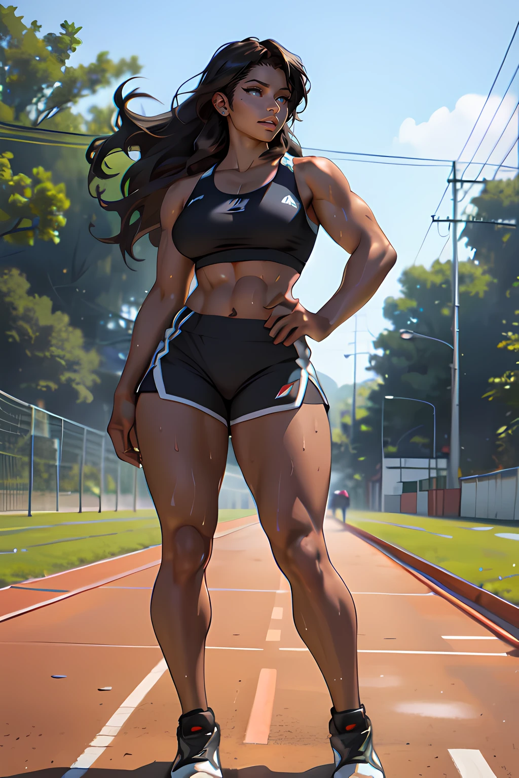 full body image of a dark skin girl with a muscular and toned body, beautiful detailed brown eyes, full lips, long flowing hair, dressed in a tight track bra and shorts. She has thick thighs, wide hips, and is standing in a track field with depth of field. The girl is sweaty and wet, with water droplets glistening on her skin. The overall image should have studio lighting emphasizing the girl's athletic physique.