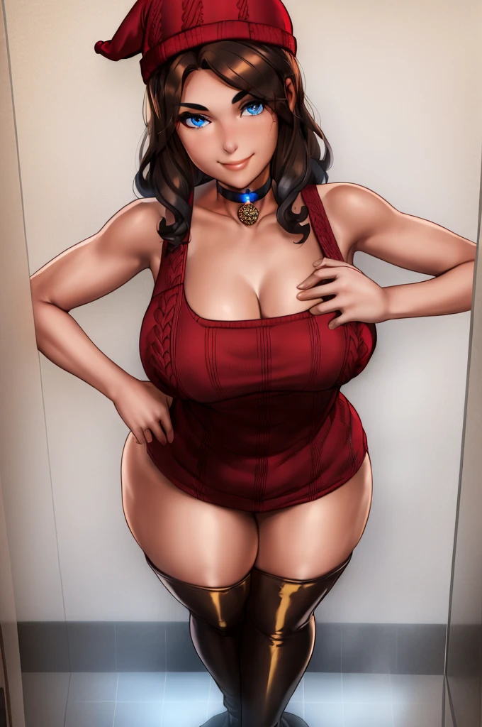 1 girl,cute, solo, ,beautiful detailed blue eyes, medium wavy hair, standing in a bathroom, smiling, looking at viewer, ,light brown hair, full body view, , whole body shot, red hat,choker, yellow scarf, red sweater, thick thighs, big breasts, black thigh high boots