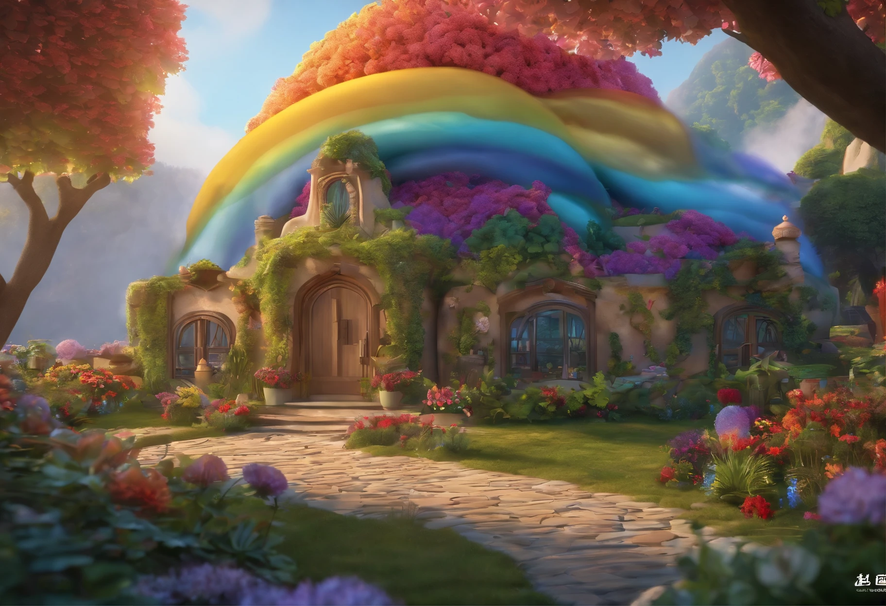 Disney cartoon style,disney 3d animation style,(((Giant rainbow banana house emits auroras,covered with vines,leafs,fresh flowers))),Intense contour light,Luminous inside,Colorful,((Best quality at best)), ((tmasterpiece)),Enhanced dynamic viewing angle,Sparkling creek,(weeds),flowers blooming,glowing effect,ultra - detailed,Works of masters,high high quality,8K分辨率,depth of fields,电影灯光,epic graphics,high high quality,ultra - detailed,Detailed pubic hair,Accurate,电影灯光