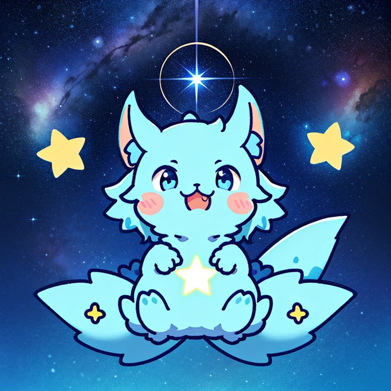 light blue dragon、illustratio、cute little、Laughing、simple starry sky background、leave some space、one big star in the sky