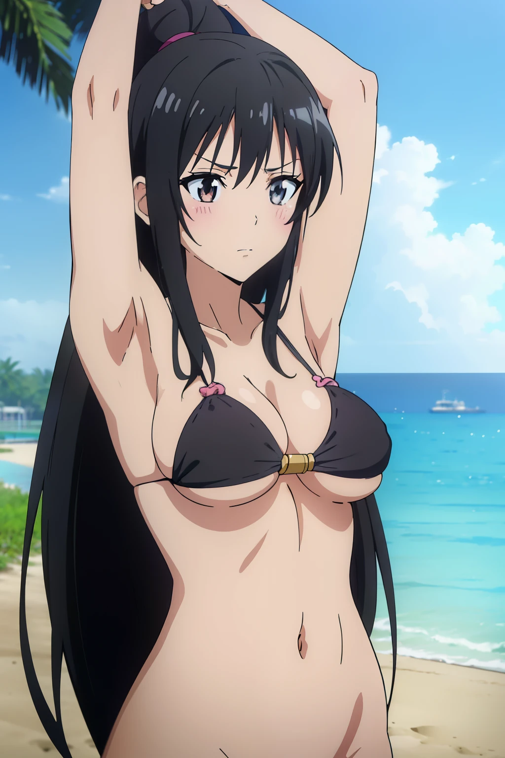 ((masutepiece, Best Quality, High resolution, anime screen cap, anime colours, in 8K, anime keyvisual)):1.5, Kotegawa Yui, 1girl in, Cute, blush, (Long Black Hair:1.5), 14years, (Oversized large sagging breasts:1.5), cleavage, ((White Micro Bikini:1.5, Thin fabric)), Navel Ejection, (arms up:1.5), Upper body, beach side, ((Perfect Anatomy, beautifull detailed face, Beautiful detailed eyes, beautiful detailed hair, Beautiful detailed body)), thick outline, Beautiful outlines, black outlines