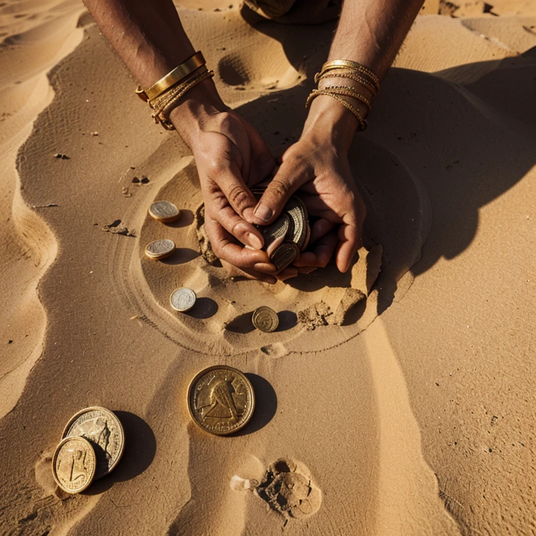 Desert image of Joseph from the Bible being sold as a slave to Egypt in a Middle Eastern setting, negotiators appear with coin in hand