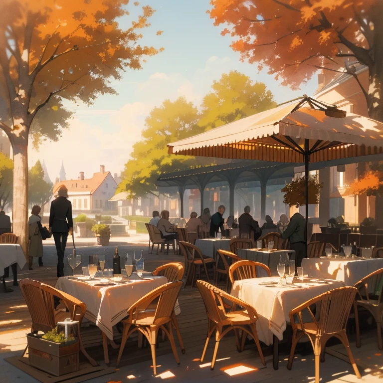 photo realistic image, Evening sunset, there is a trace of an airplane in the sky, autumn park, French style, Summer cafes on the terrace, Bar under a canopy, wooden carved chair, several tables with white tablecloths, bottles of wine and glasses on the tables, hot coffee mugs, Pond with a fountain sculpture of a girl, sculpture of a girl barking water from an amphora, couples walking, single girls, artist paints a landscape picture of a restaurant with a woman, passing by a table with a dog, author Vadim Meller, by Alexander Kucharsky, based on Raphael Lacoste, Raphael Lacoste style, Grzegorz Rutkowski, Joseph-Marie Vien, Mathias Collros, Eric Deschamps, by Aleksander Gine