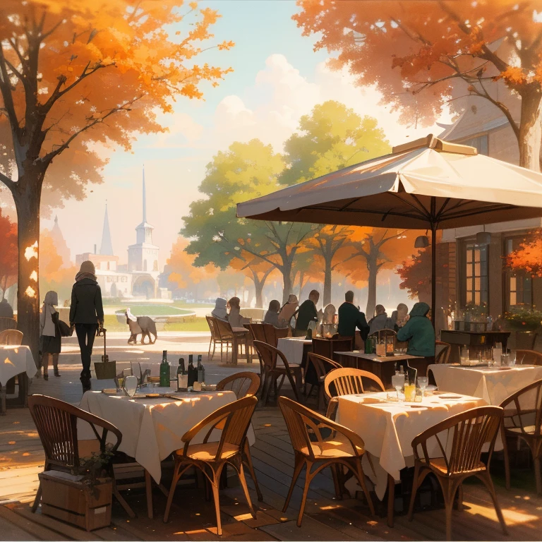 photo realistic image, Evening sunset, there is a trace of an airplane in the sky, autumn park, French style, Summer cafes on the terrace, Bar under a canopy, wooden carved chair, several tables with white tablecloths, bottles of wine and glasses on the tables, hot coffee mugs, Pond with a fountain sculpture of a girl, sculpture of a girl barking water from an amphora, couples walking, single girls, artist paints a landscape picture of a restaurant with a woman, passing by a table with a dog, author Vadim er, by Alexander Kucharsky, based on Raphael Lacoste, Raphael Lacoste style, Grzegorz Rutkowski, Joseph-Marie Vien, Mathias Collros, Eric Deschamps, by Aleksander Gine