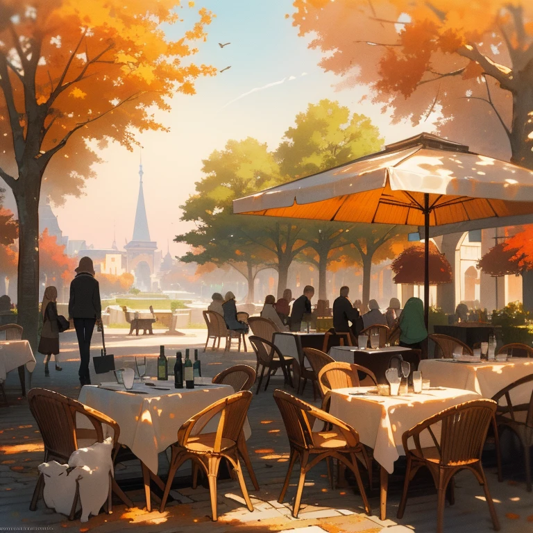 photo realistic image, Evening sunset, there is a trace of an airplane in the sky, autumn park, French style, Summer cafes on the terrace, Bar under a canopy, wooden carved chair, several tables with white tablecloths, bottles of wine and glasses on the tables, hot coffee mugs, Pond with a fountain sculpture of a girl, sculpture of a girl barking water from an amphora, couples walking, single girls, artist paints a landscape picture of a restaurant with a woman, passing by a table with a dog, author Vadim Meller, by Alexander Kucharsky, based on Raphael Lacoste, Raphael Lacoste style, Grzegorz Rutkowski, Joseph-Marie Vien, Mathias Collros, Eric Deschamps, by Aleksander Gine