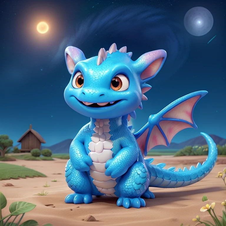 light blue dragon、illustratio、cute little、Laughing、simple starry sky background、leave some space、one big star in the sky