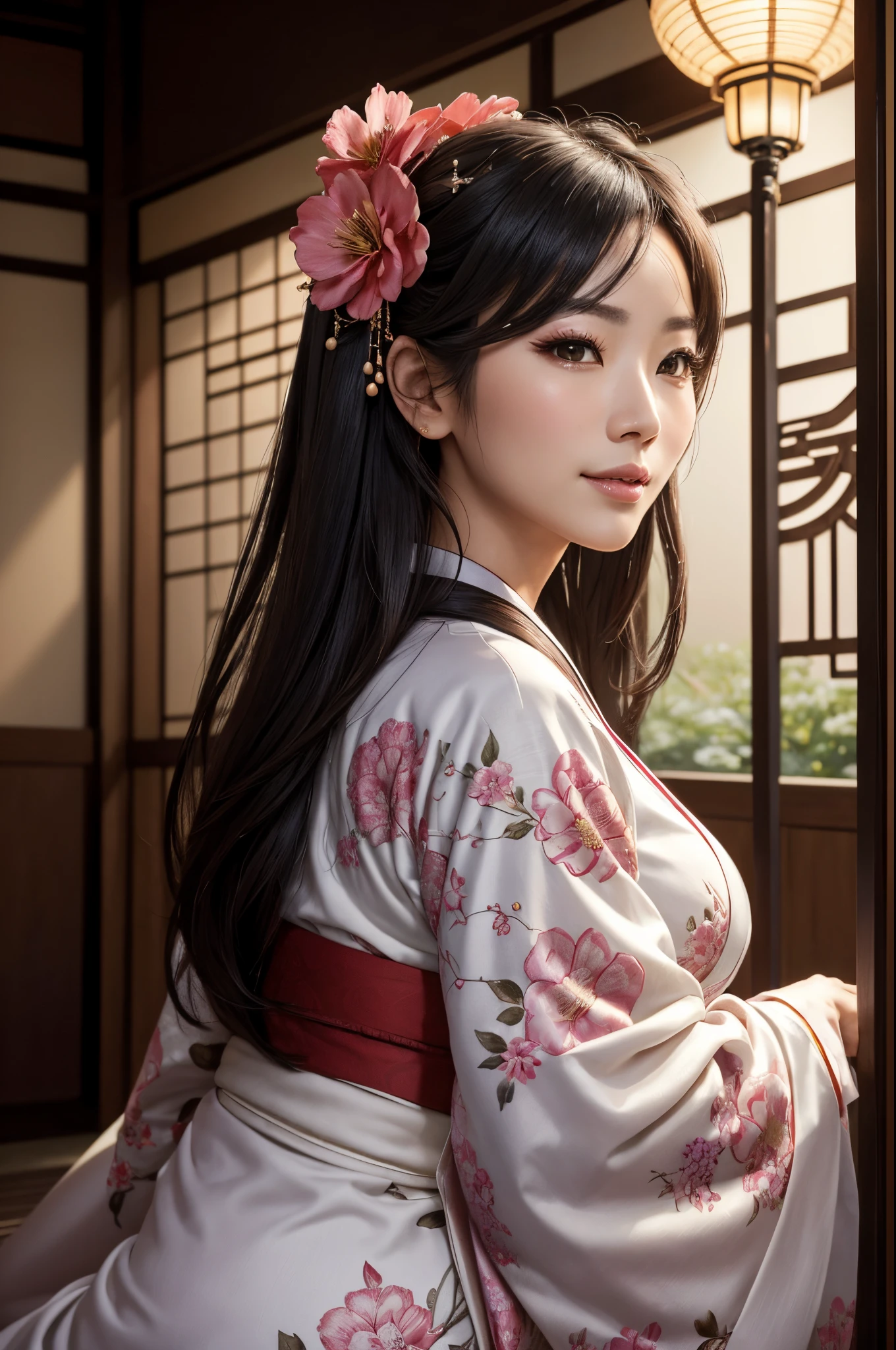 8K,Big breasted mature empress sitting in front(​masterpiece、top-quality:1.3)、hight resolution、cowboy  shot、(ultra-detailliert)、Highly detailed portrait of a beautiful empress with big breasts、Super beauty(Like the real thing)length hair、sitting on、fetal_position、[erect through]、Curvaceous、(1 milf)、((s lips))、(nase)、((Long face))、Mature、Flower tree、魅惑的、elegent、stylish、a sultry、A sexy、a smile、Look at viewers、(komono)、florals、soft makeup、textured、patterns、film like、Dynamic posture、wide Shots、 Dramatic Lighting:1.1、(gradients)、naturey、(face perfect)、outlines、foco nítido、warmth、light particules、(depth of fields)、(intricate-detail:1.2)、(highly detailed back ground)、East Asian Architecture,The charm of adults wearing kimono,florals魁(Flashy kimono)facing front,A sexy,A MILF,frontage,Mature(40 years)