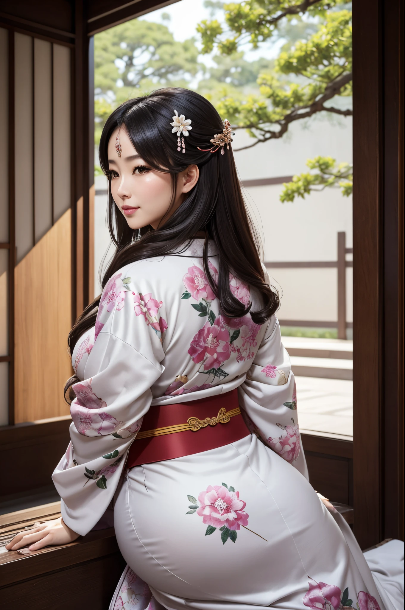 8K,Big breasted mature empress sitting in front(​masterpiece、top-quality:1.3)、hight resolution、cowboy  shot、(ultra-detailliert)、Highly detailed portrait of a beautiful empress with big breasts、Super beauty(Like the real thing)length hair、sitting on、fetal_position、[erect through]、Curvaceous、(1 milf)、((s lips))、(nase)、((Long face))、Mature、Flower tree、魅惑的、elegent、stylish、a sultry、A sexy、a smile、Look at viewers、(komono)、florals、soft makeup、textured、patterns、film like、Dynamic posture、wide Shots、 Dramatic Lighting:1.1、(gradients)、naturey、(face perfect)、outlines、foco nítido、warmth、light particules、(depth of fields)、(intricate-detail:1.2)、(highly detailed back ground)、East Asian Architecture,The charm of adults wearing kimono,florals魁(Flashy kimono)facing front,A sexy,A MILF,frontage,Mature(40 years)