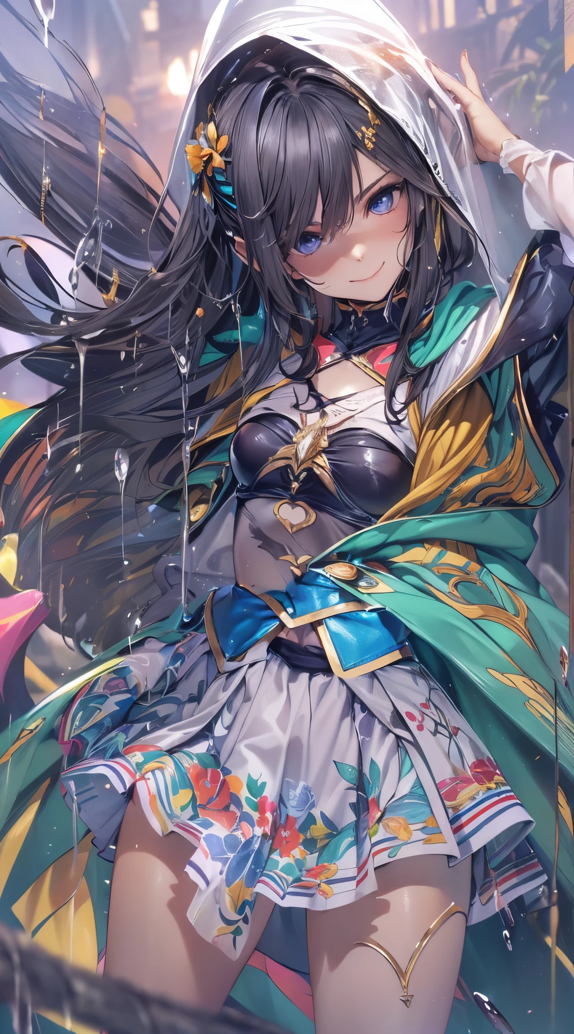 One lady,12year old,(() ,((())), ((colourfull)), (())((I'm opening my mouth)),((micro skirt, bodysuit and short cloak))(A smile),Wet with sweat,(A dark-haired,),((Fantasy,natta))((Clothes are torn))