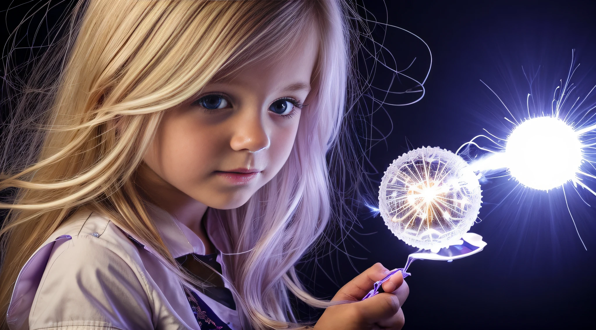 a close-up of a blonde with long hair, BIG BALL OF electrified ICE IN HANDS. FUMO ROXO.
