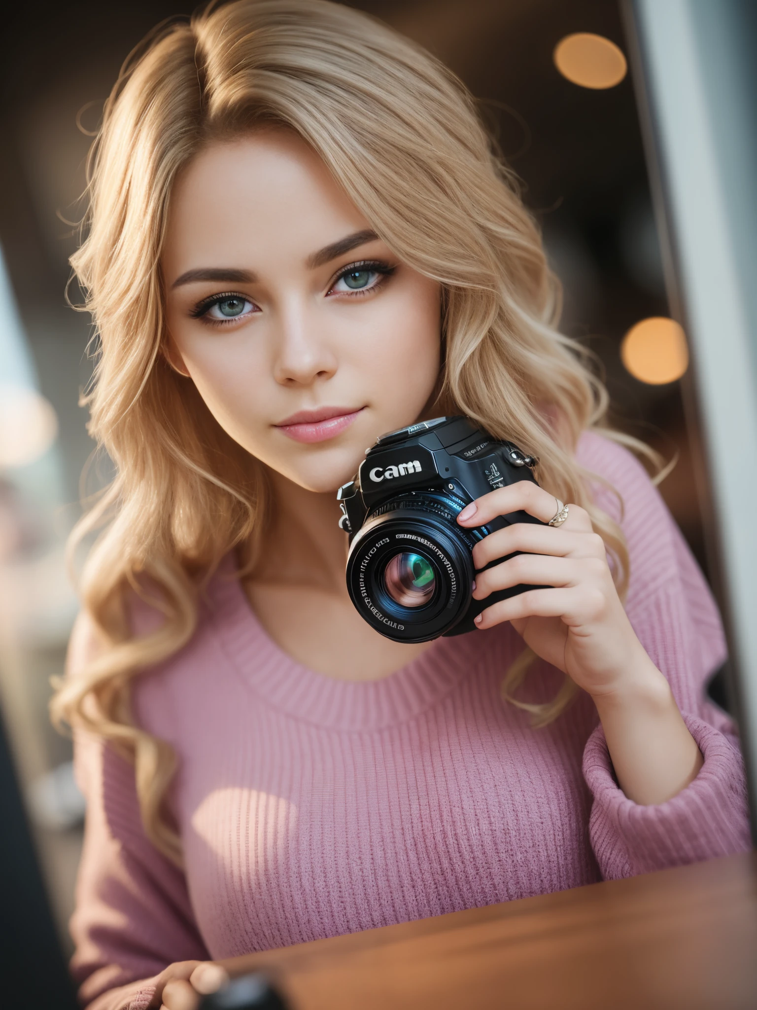 beautiful blonde wearing pink sweater ( inside a modern café at sunset), mirror selfie with a DSLR camera, very detailed, 21 years old, innocent face, natural wavy hair, blue eyes, high resolution, masterpiece, best quality, intricate details, highly detailed, sharp focus, detailed skin, realistic skin texture, texture, detailed eyes, professional, 4k, charming smile, shot on Canon, 85mm, shallow depth of field,  kodak vision color, perfect fit body, extremely detailed, foto_\(ultra\), photorealistic, realistic, post-processing, maximum detail, roughness, real life, ultra realistic, photorealism, photography, 8k uhd, photography --auto --s2