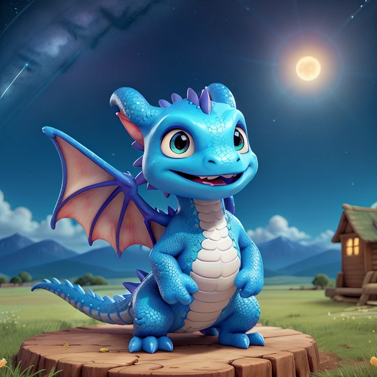 light blue dragon、illustratio、cute little、Laughing、simple starry sky background、leave some space、one big star in the sky