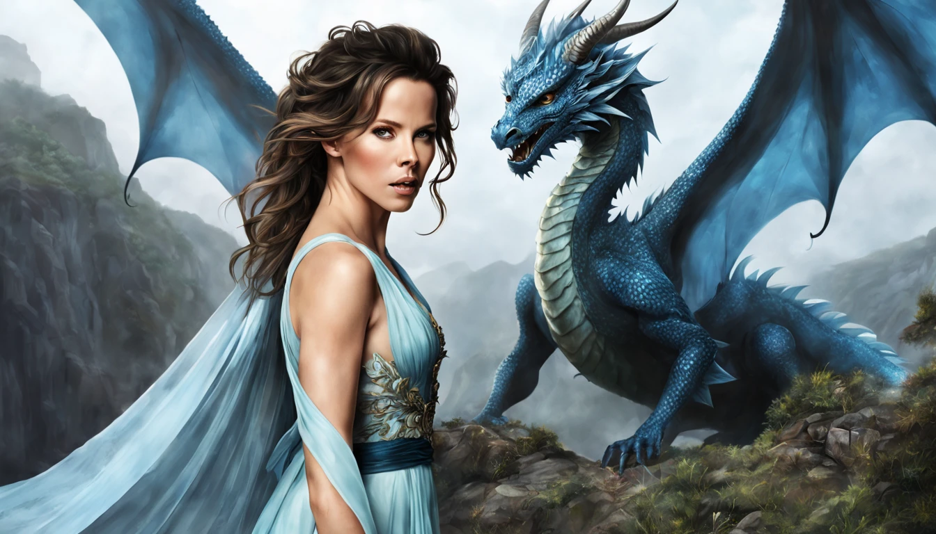 ((melhor qualidade)), ((obra-prima)), (detalhado), Empress Dragon "Kate Beckinsale", olhos realistas, cabelo preto, olhos azuis, seios pequenos, vestido de setin koreano sensual, paisagem maligna, ethereal beauty, (Fantasy Illustration:1.3), olhar encantador, pose cativante, garota solo, charme sobrenatural, mystical sky, noite enluarada, cores suaves, (paisagem nublada detalhada:1.3), (alta resolução:1.2) (Blue dragon flying in the sky) vestido, sobre uma colina, An army passing far into a canyon below.