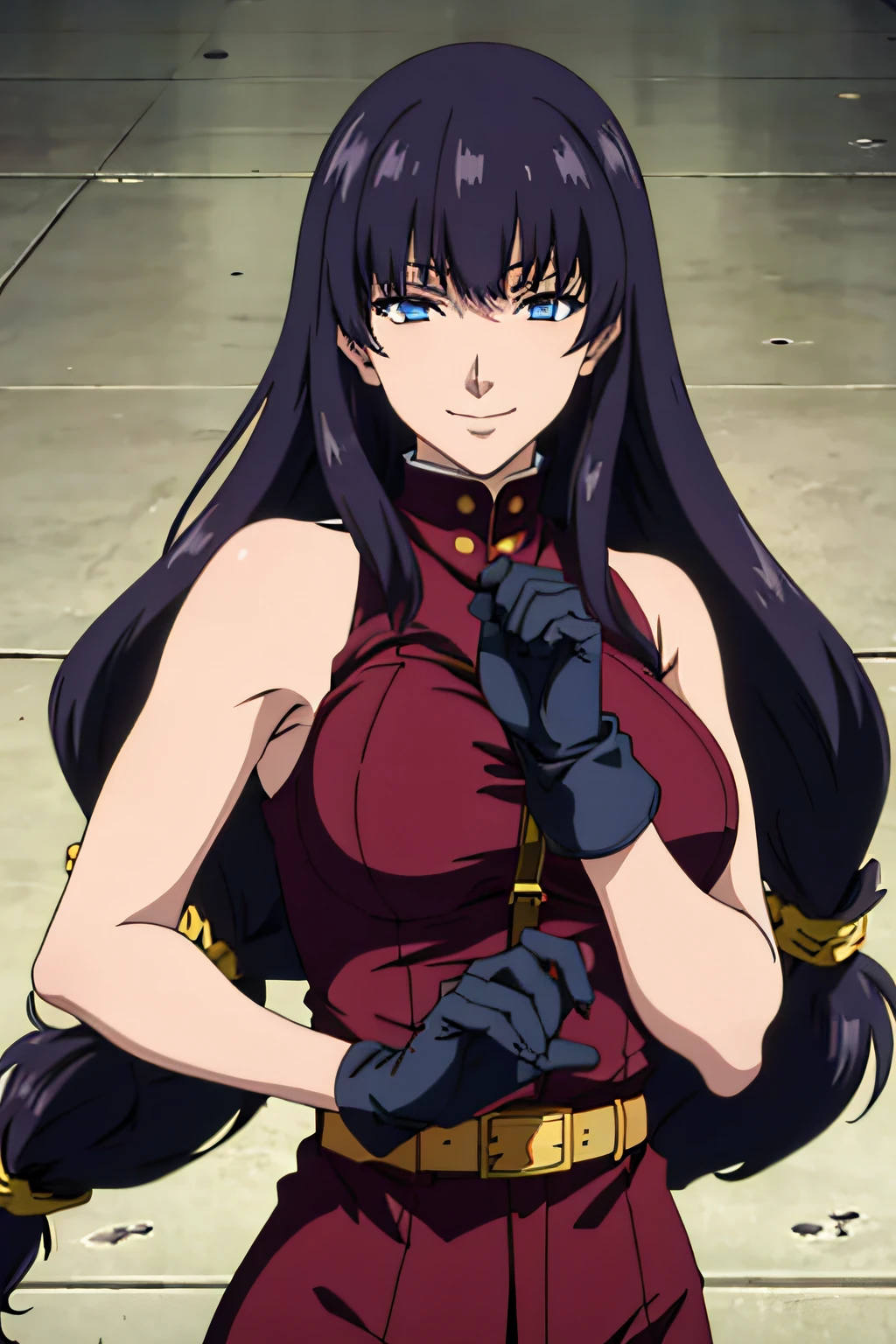 masterpiece, best quality, high quality details, 1girl, solo, breast, long hair, dress, purple eyes, very long hair, black hair, choker, collarbone, fingerless gloves, smile, bracelet, armor, upper body, breastplate, cleavage, necklace, jewelry, smile,